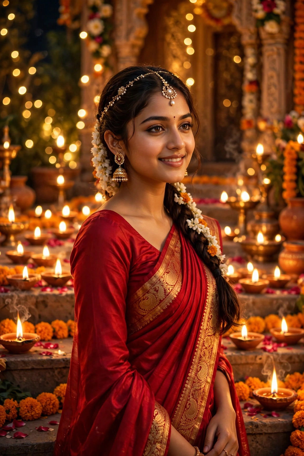 Diwali Red Silk Saree Girl Portrait