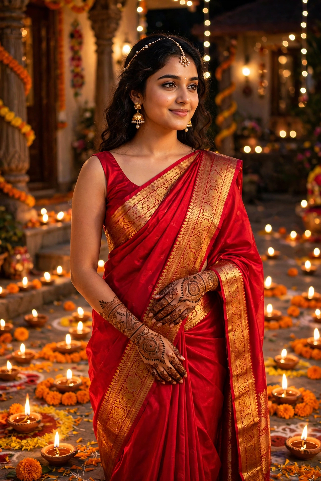 Diwali Red Silk Saree Girl Portrait