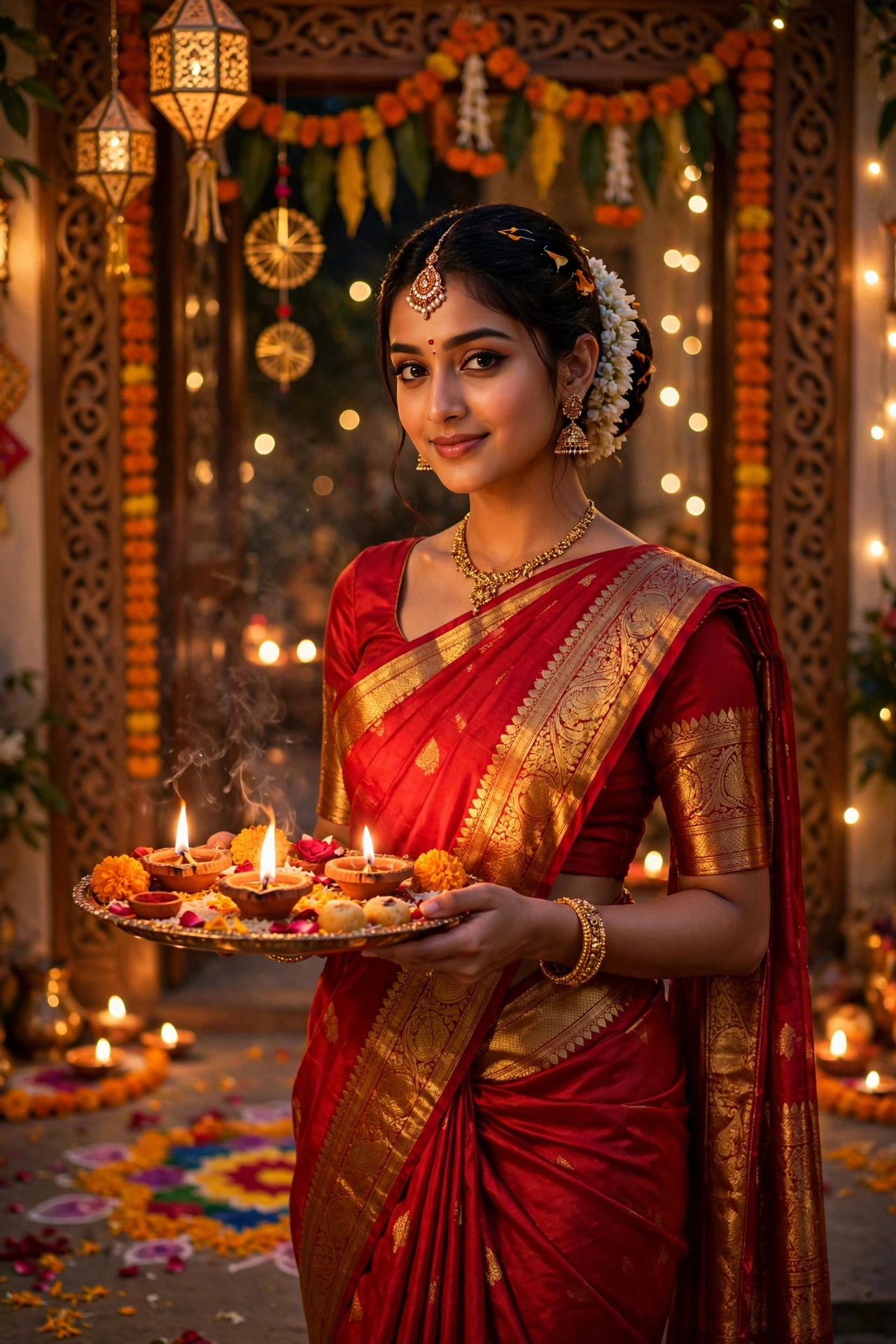 Diwali Red Silk Saree Girl Portrait