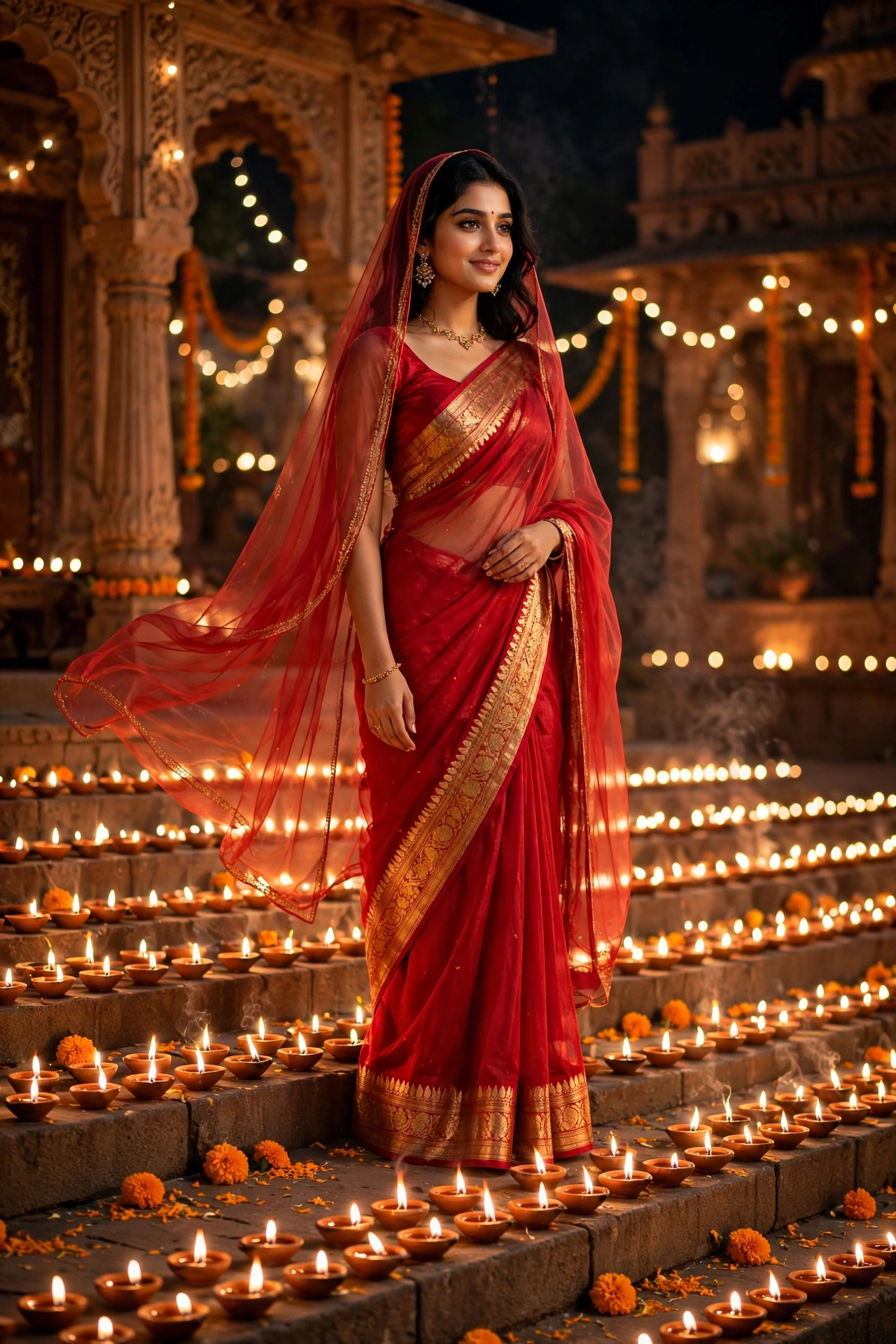 Diwali Red Silk Saree Girl Portrait