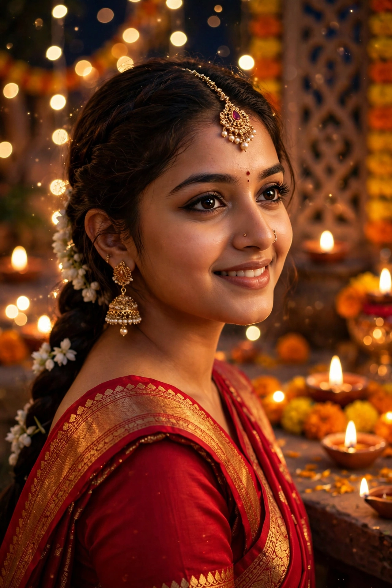 Diwali Red Silk Saree Girl Portrait