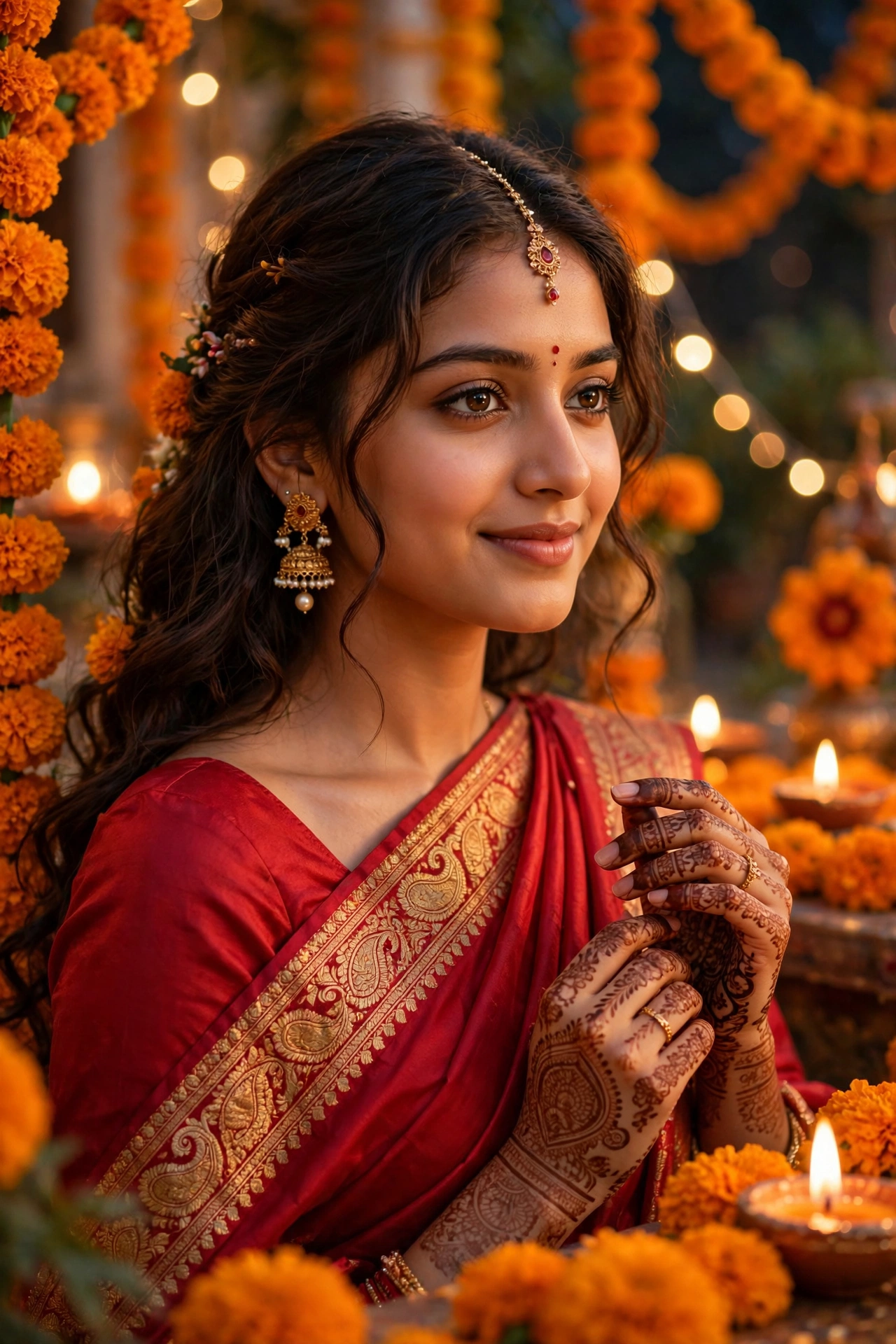 Diwali Red Silk Saree Girl Portrait