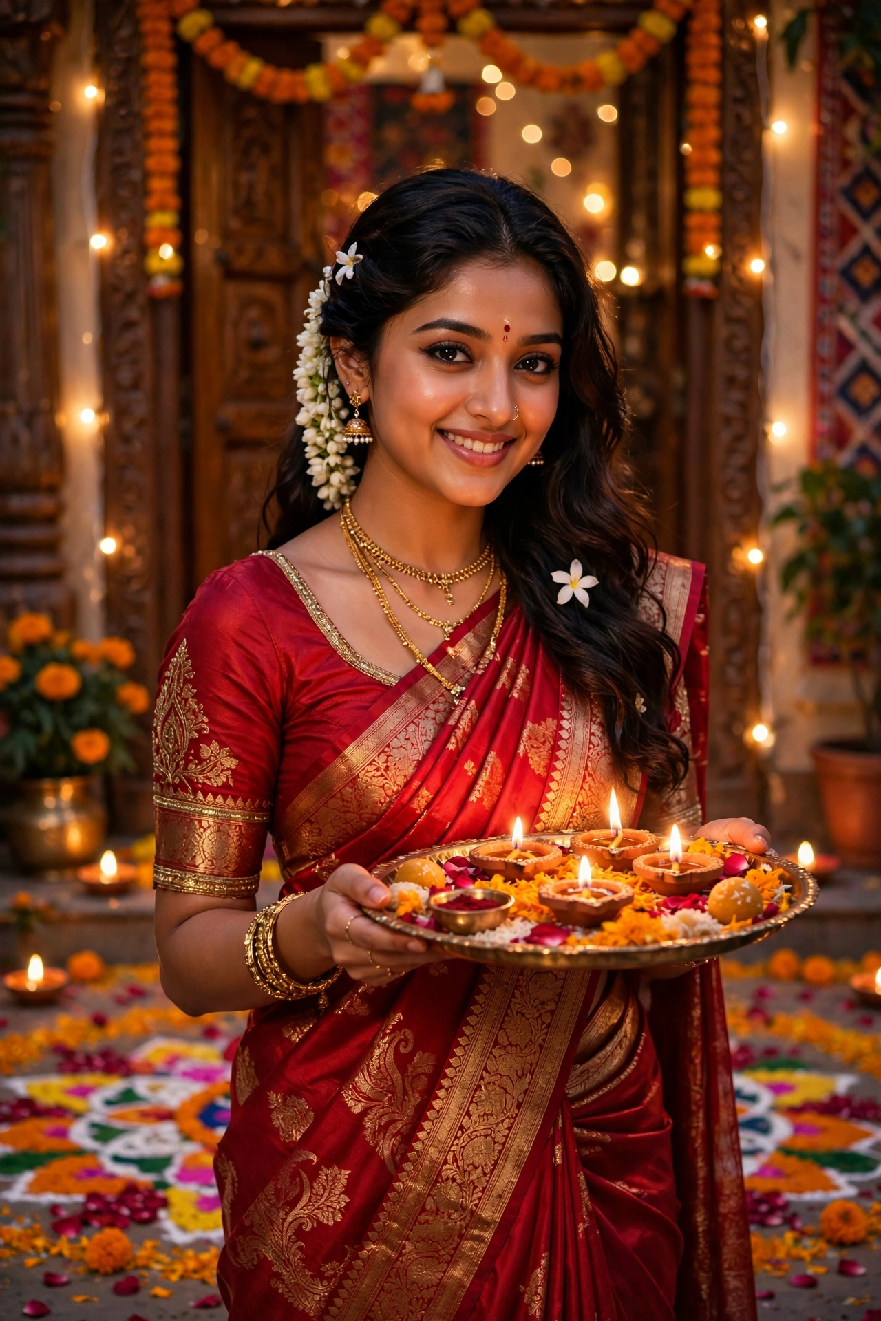 Diwali Red Silk Saree Girl Portrait