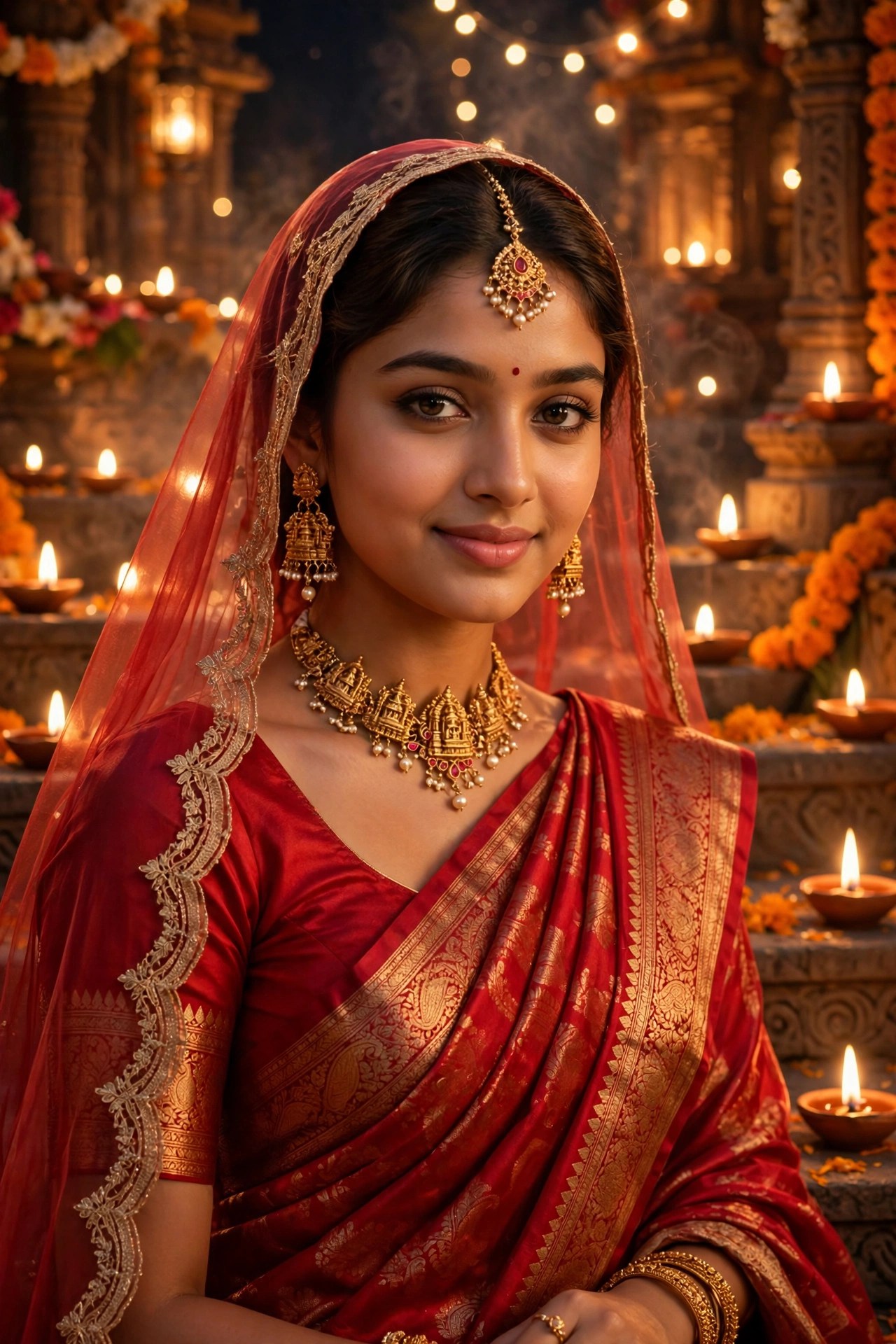 Diwali Red Silk Saree Girl Portrait