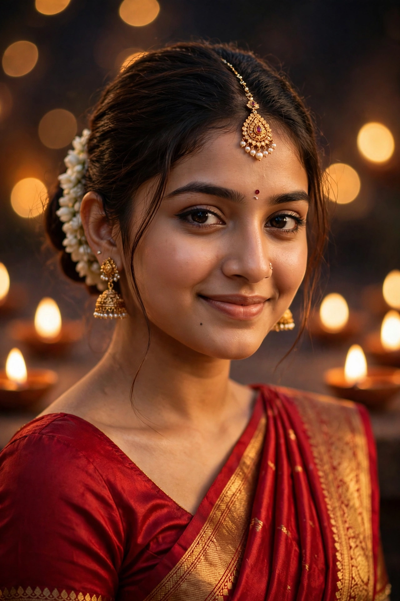 Diwali Red Silk Saree Girl Portrait