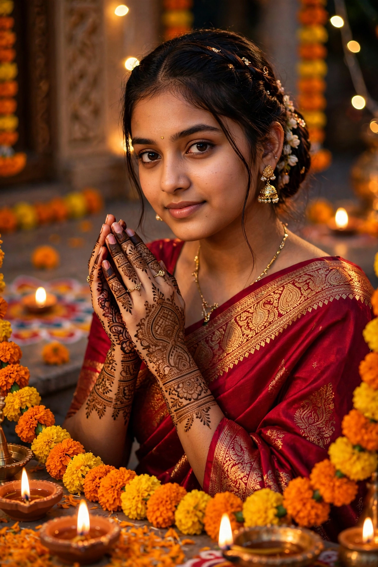 Diwali Red Silk Saree Girl Portrait