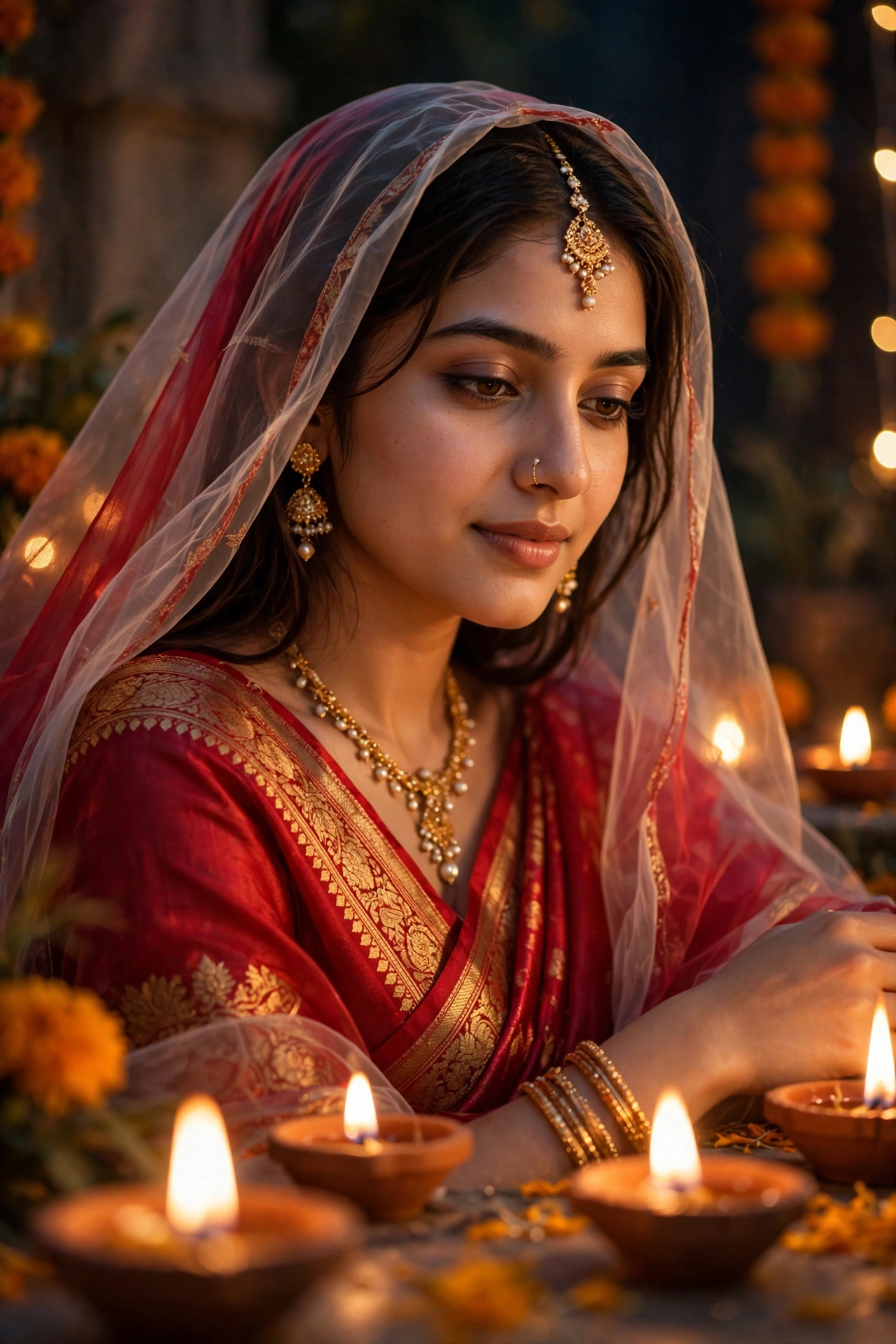 Diwali Red Silk Saree Girl Portrait