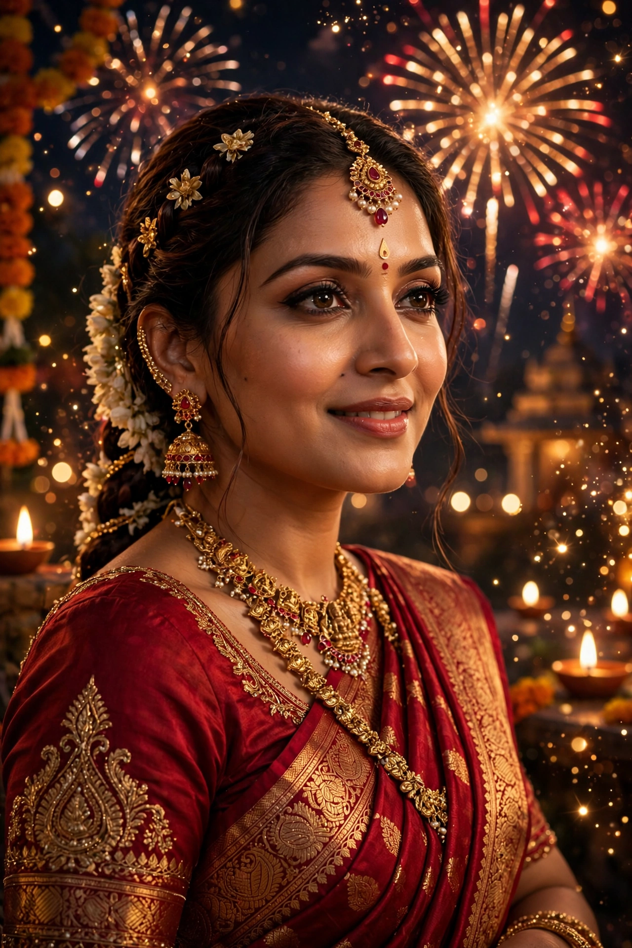 Diwali Red Silk Saree Girl Portrait