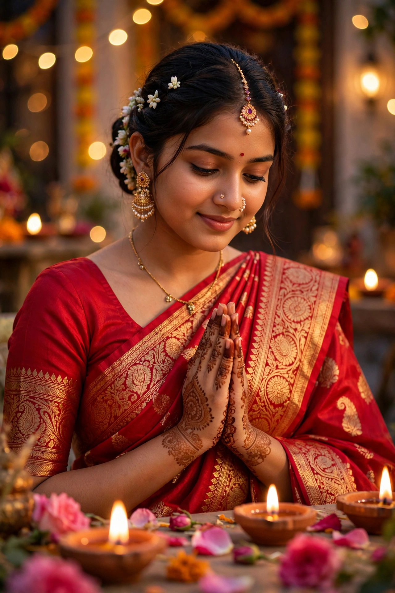 Diwali Red Silk Saree Girl Portrait