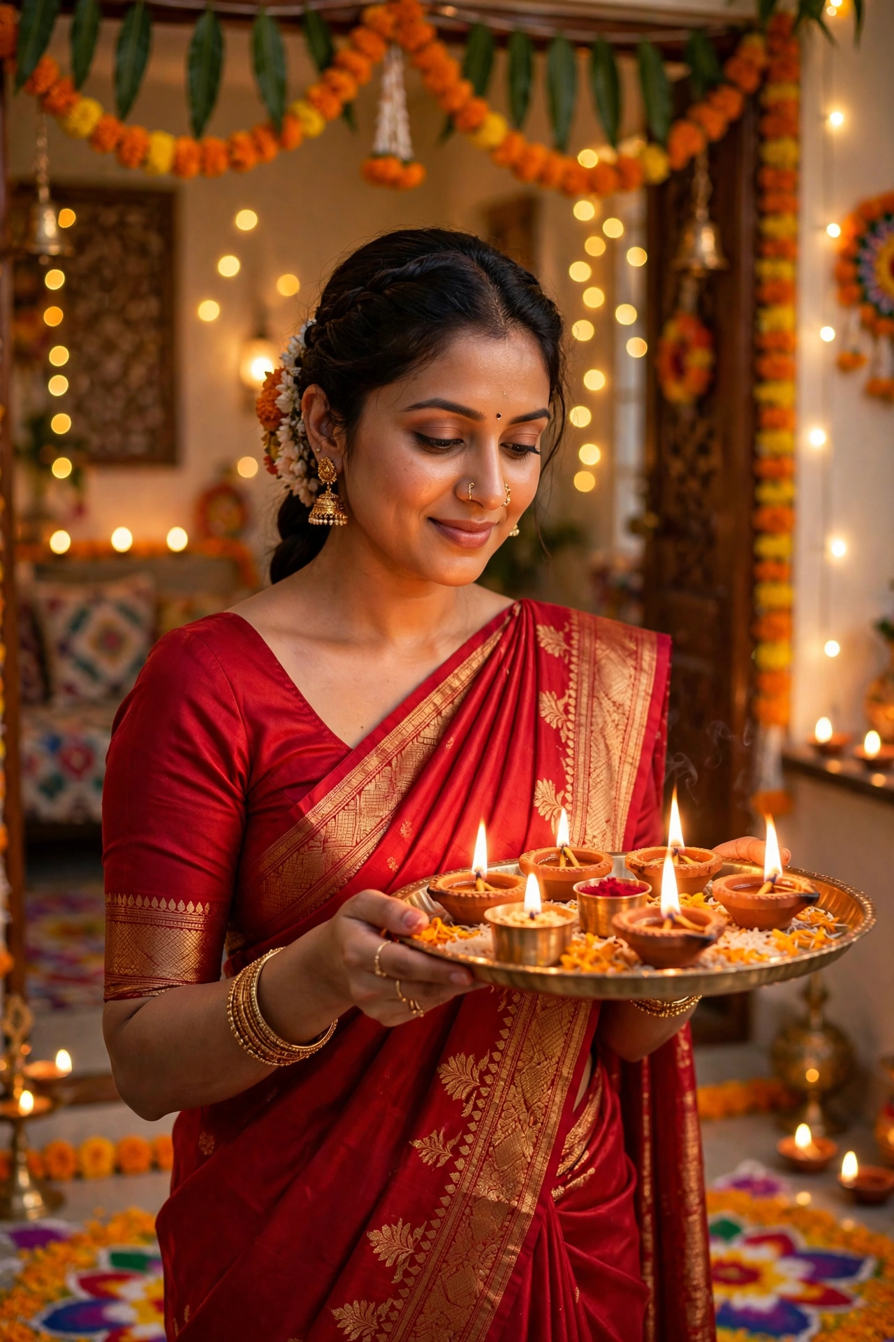 Diwali Red Silk Saree Girl Portrait