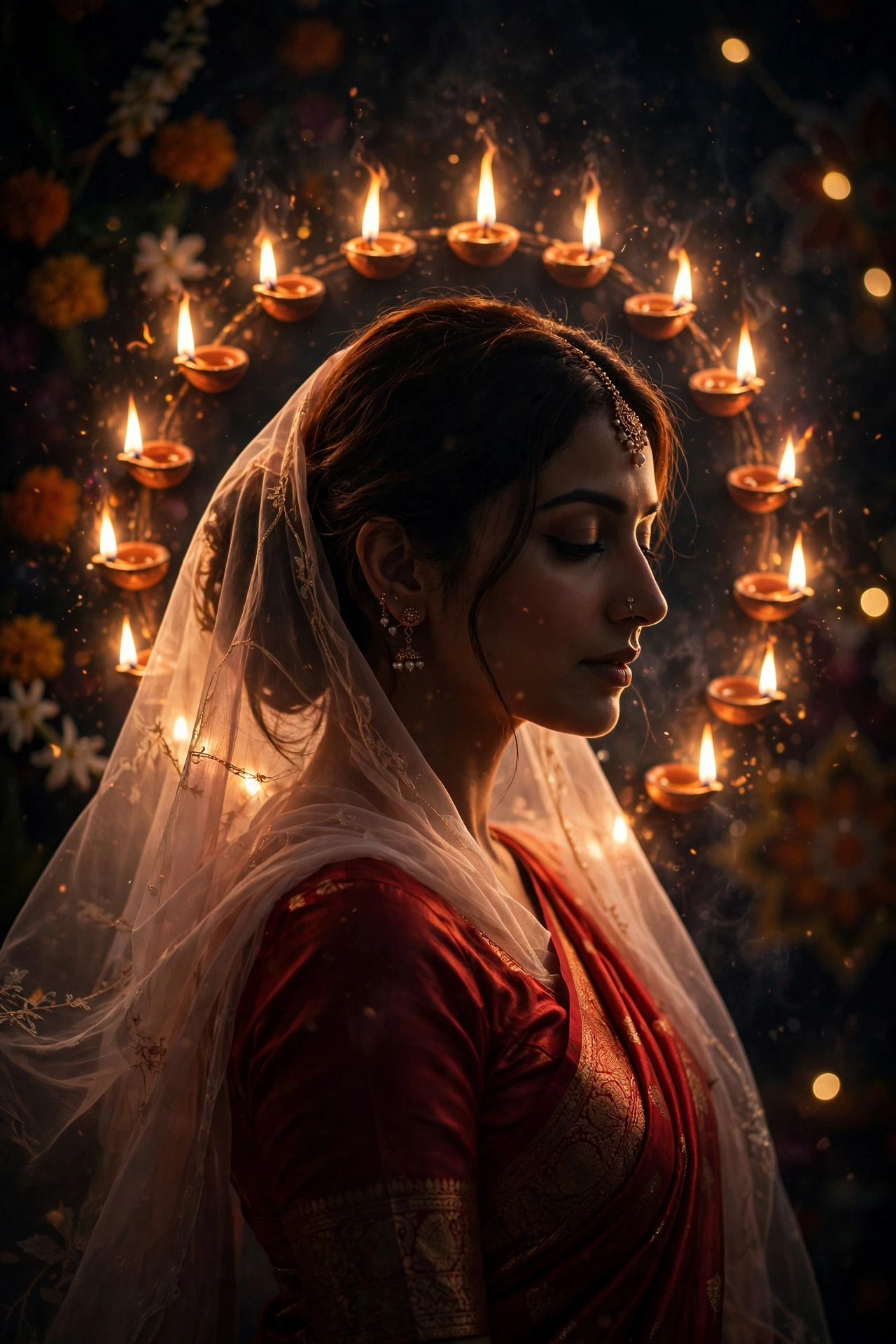 Diwali Red Silk Saree Girl Portrait