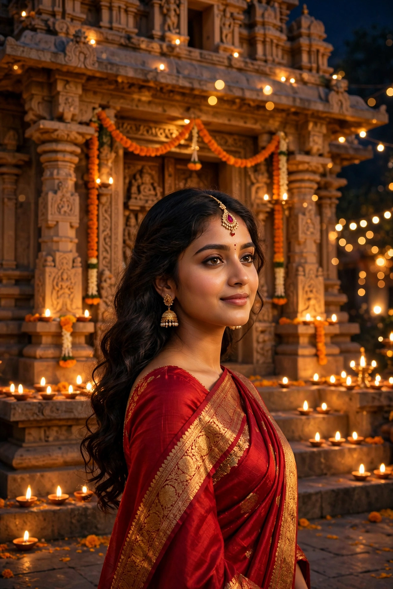 Diwali Red Silk Saree Girl Portrait