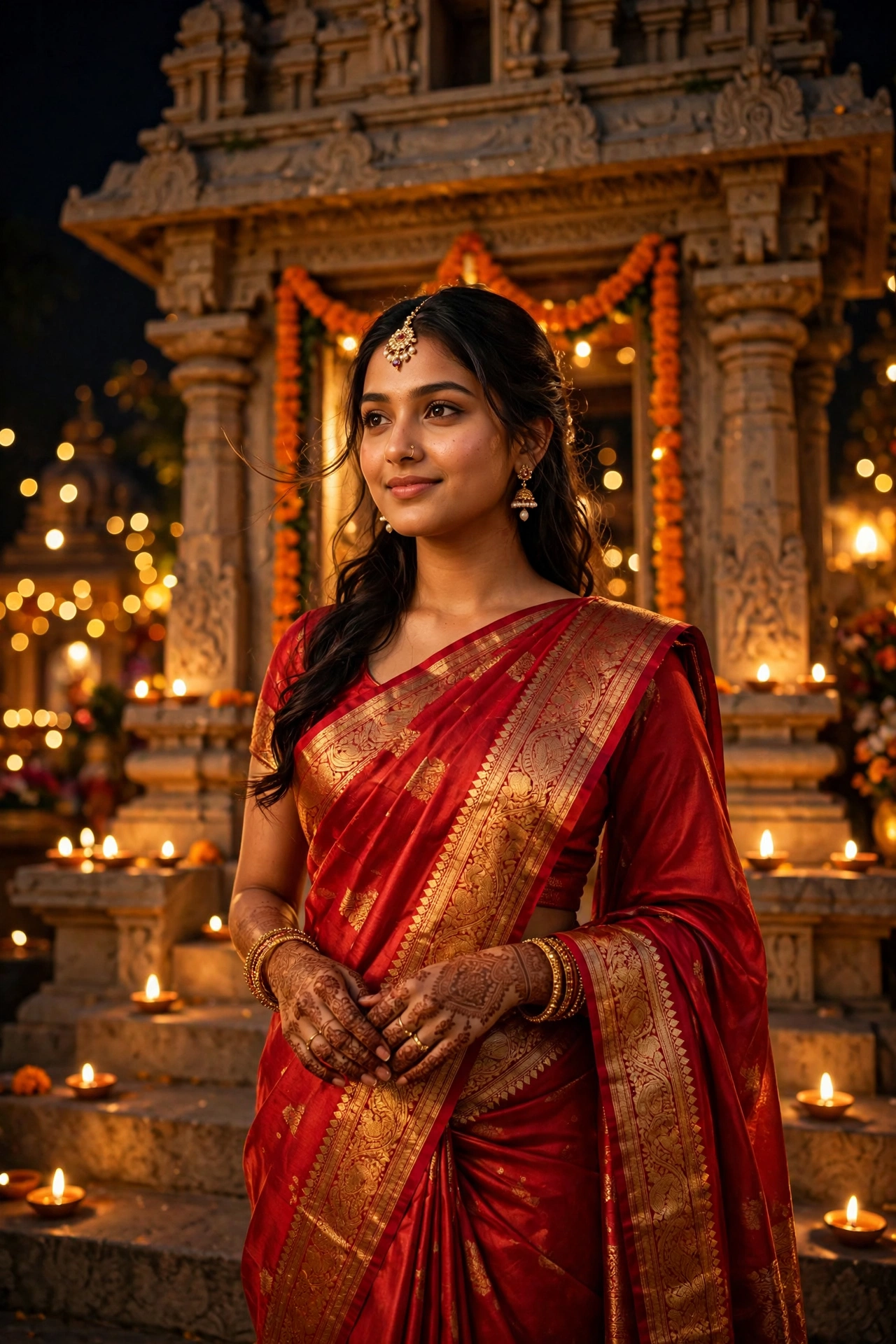 Diwali Red Silk Saree Girl Portrait