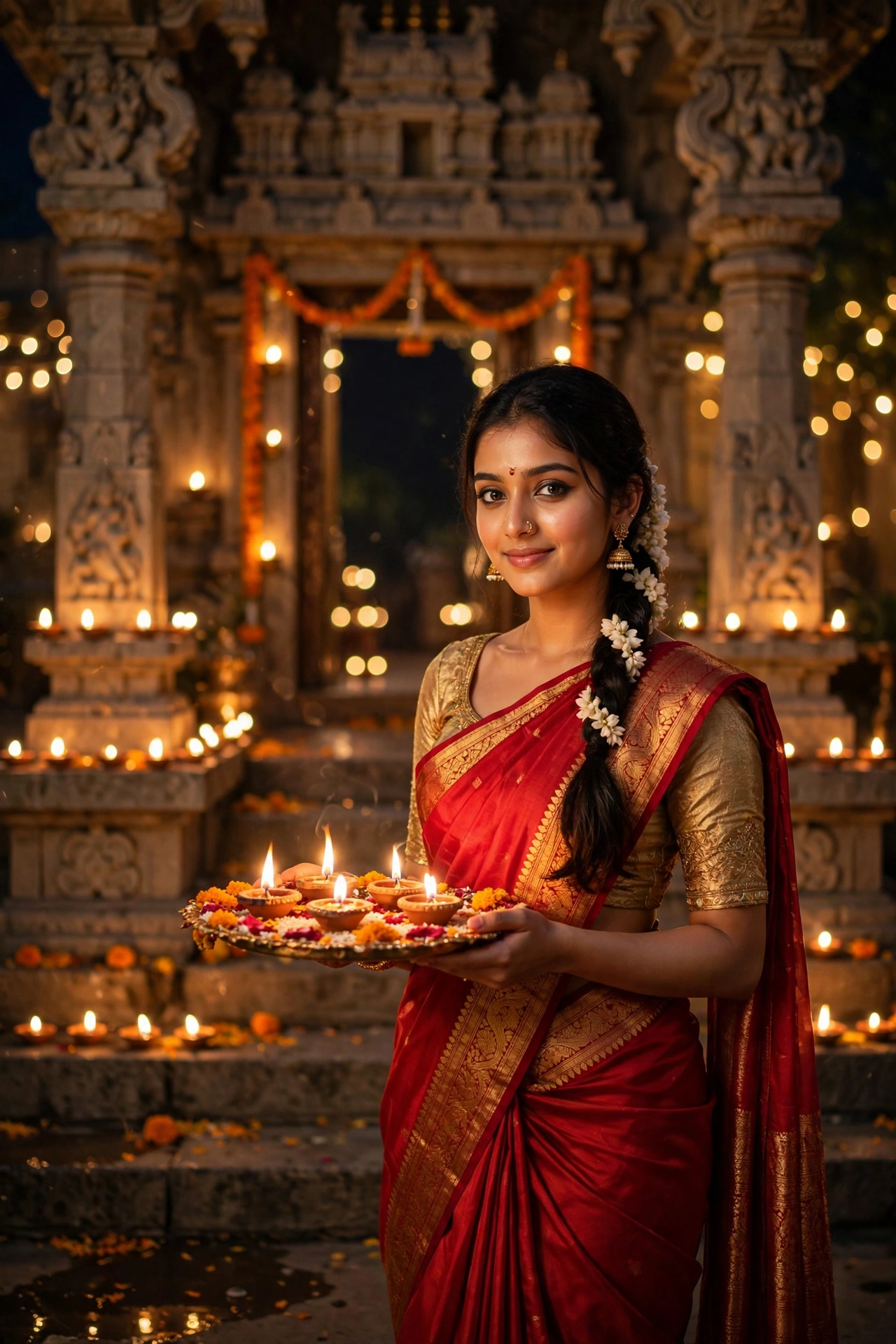 Diwali Red Silk Saree Girl Portrait