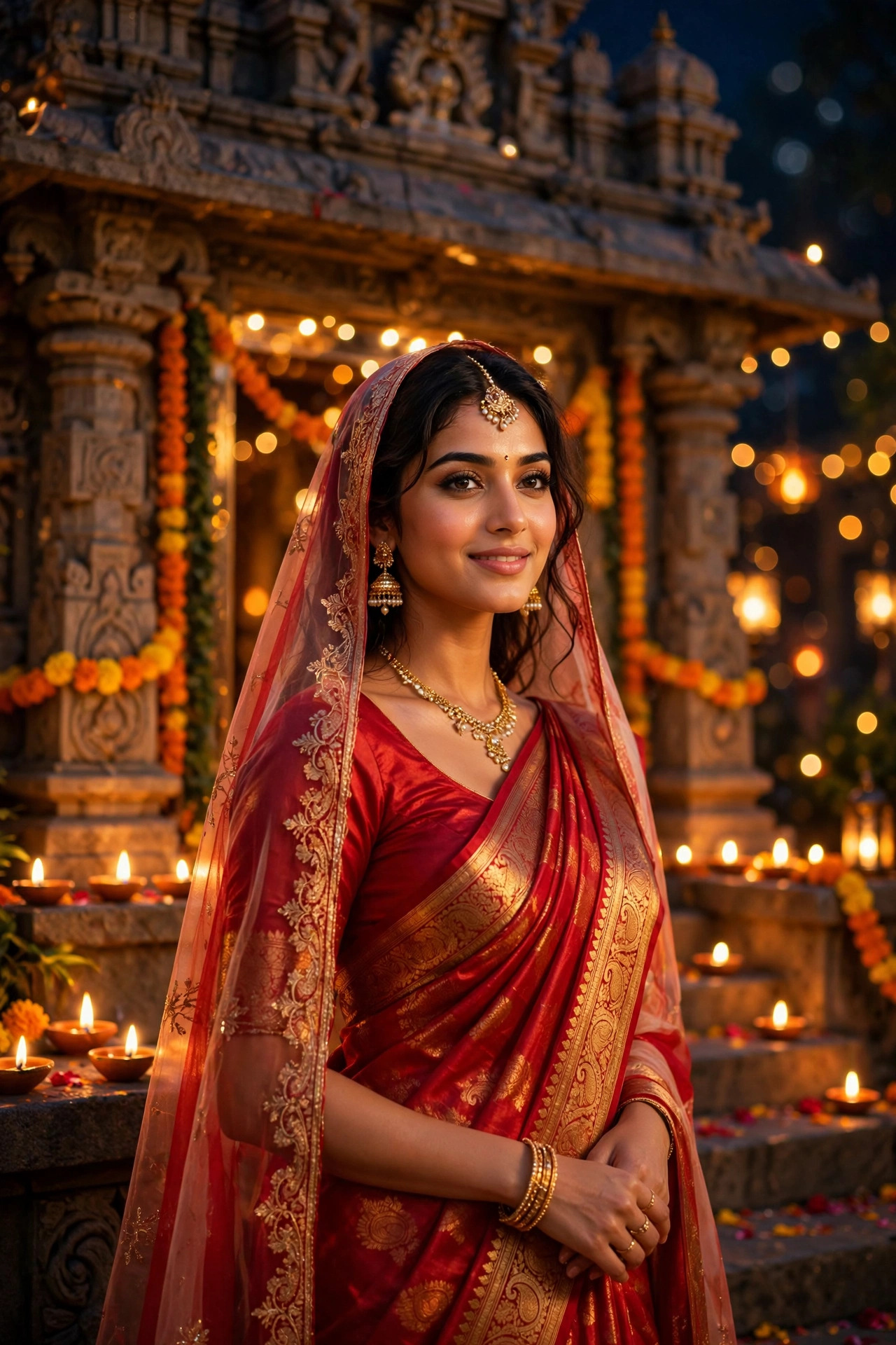 Diwali Red Silk Saree Girl Portrait