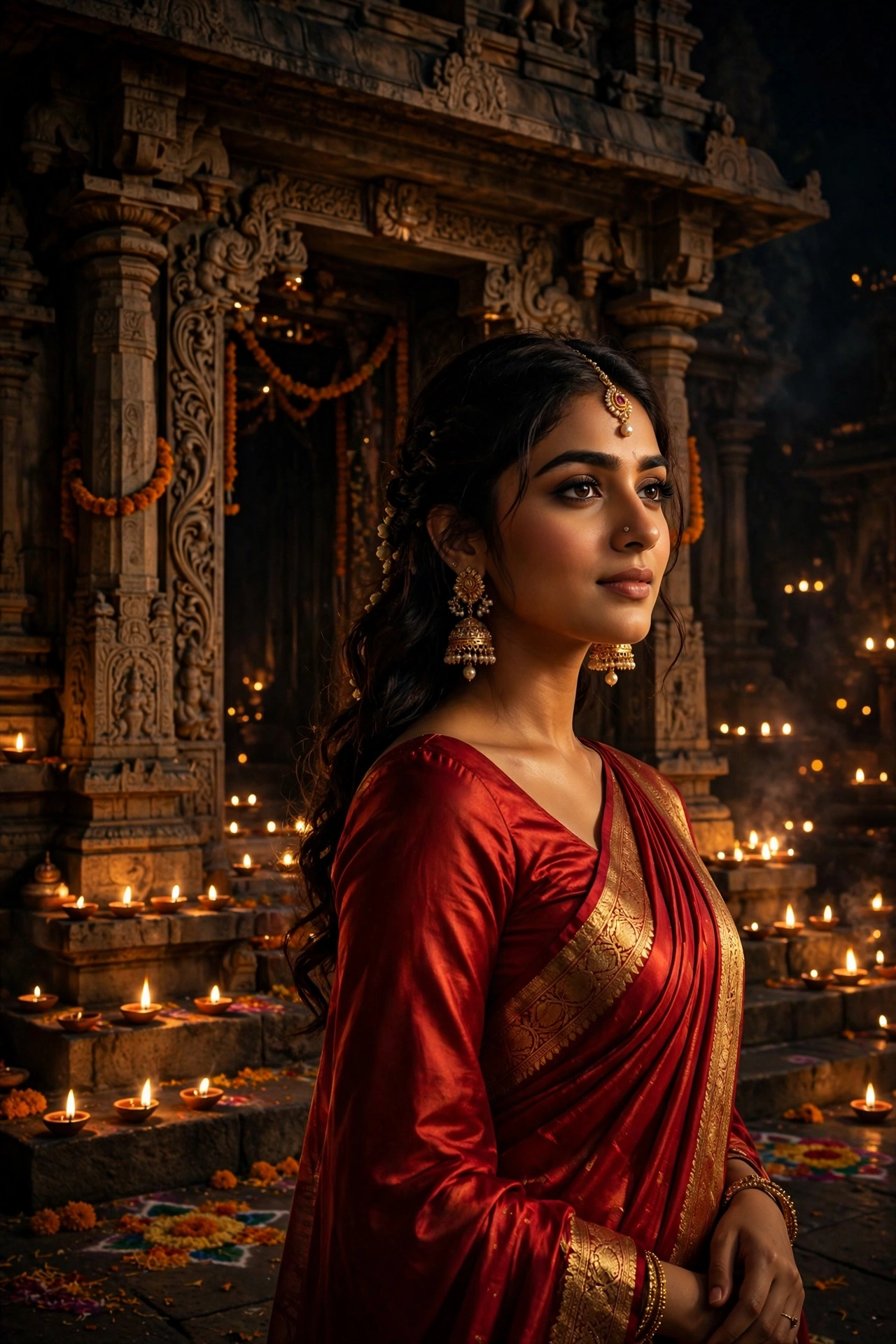 Diwali Red Silk Saree Girl Portrait
