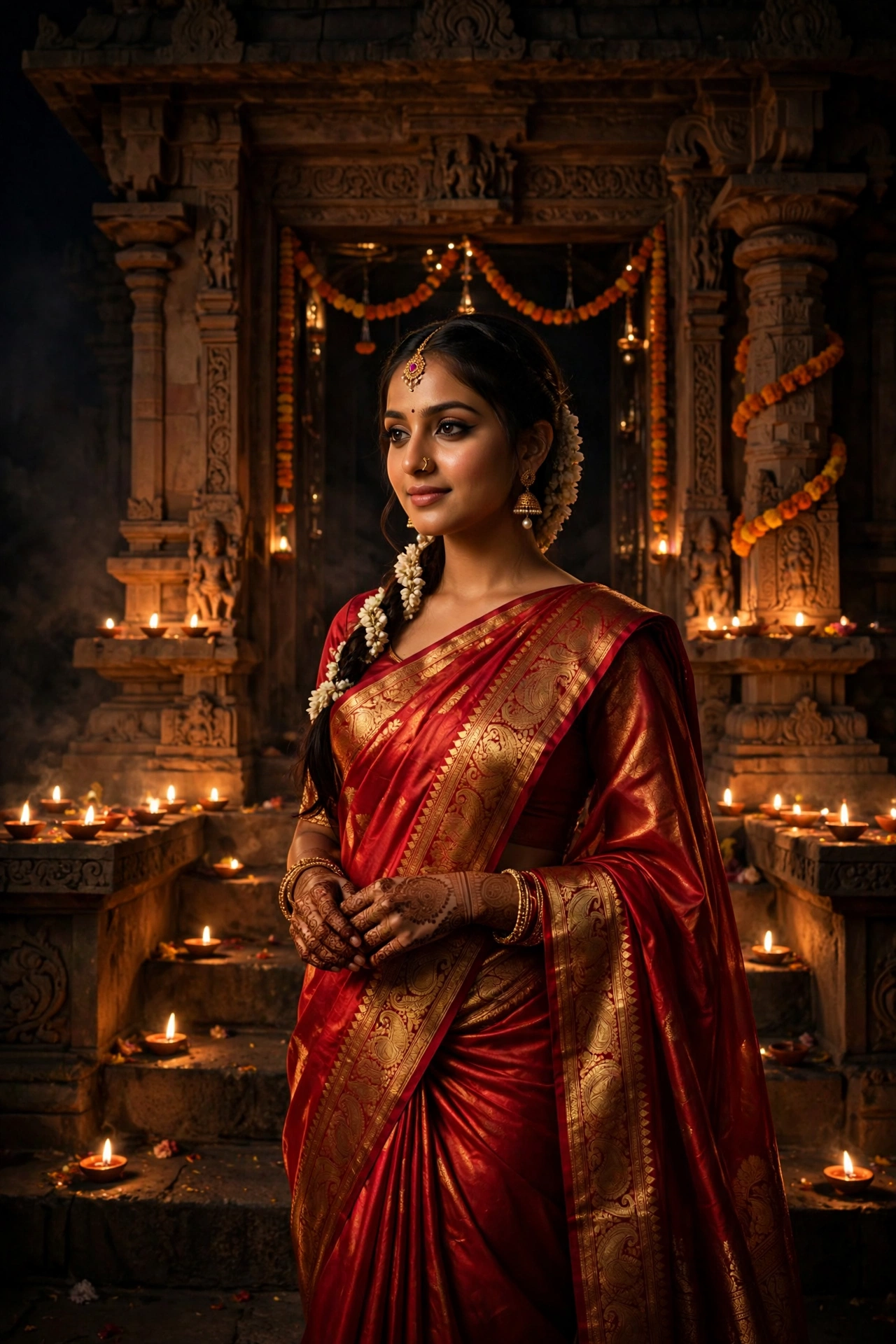Diwali Red Silk Saree Girl Portrait