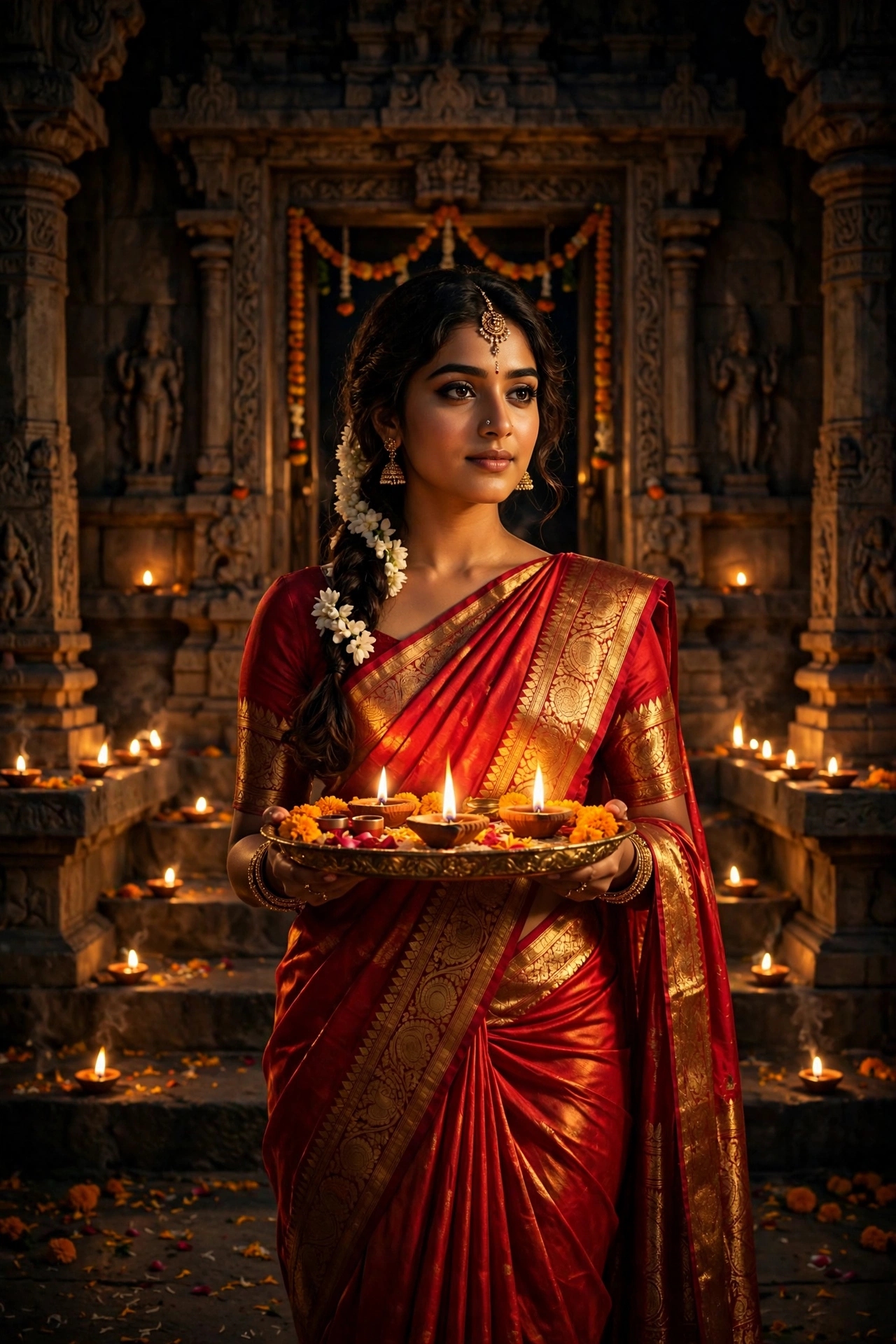 Diwali Red Silk Saree Girl Portrait
