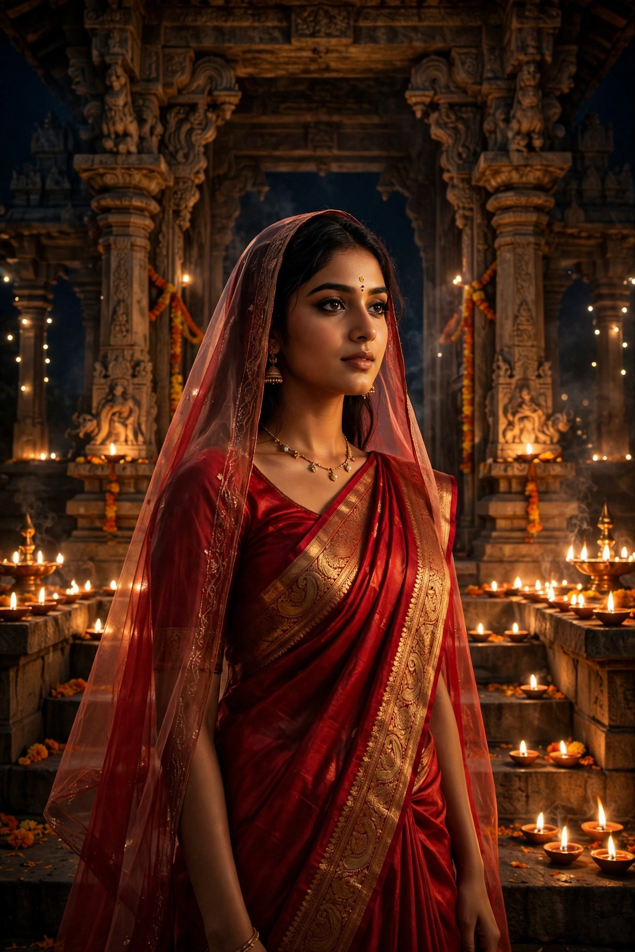 Diwali Red Silk Saree Girl Portrait