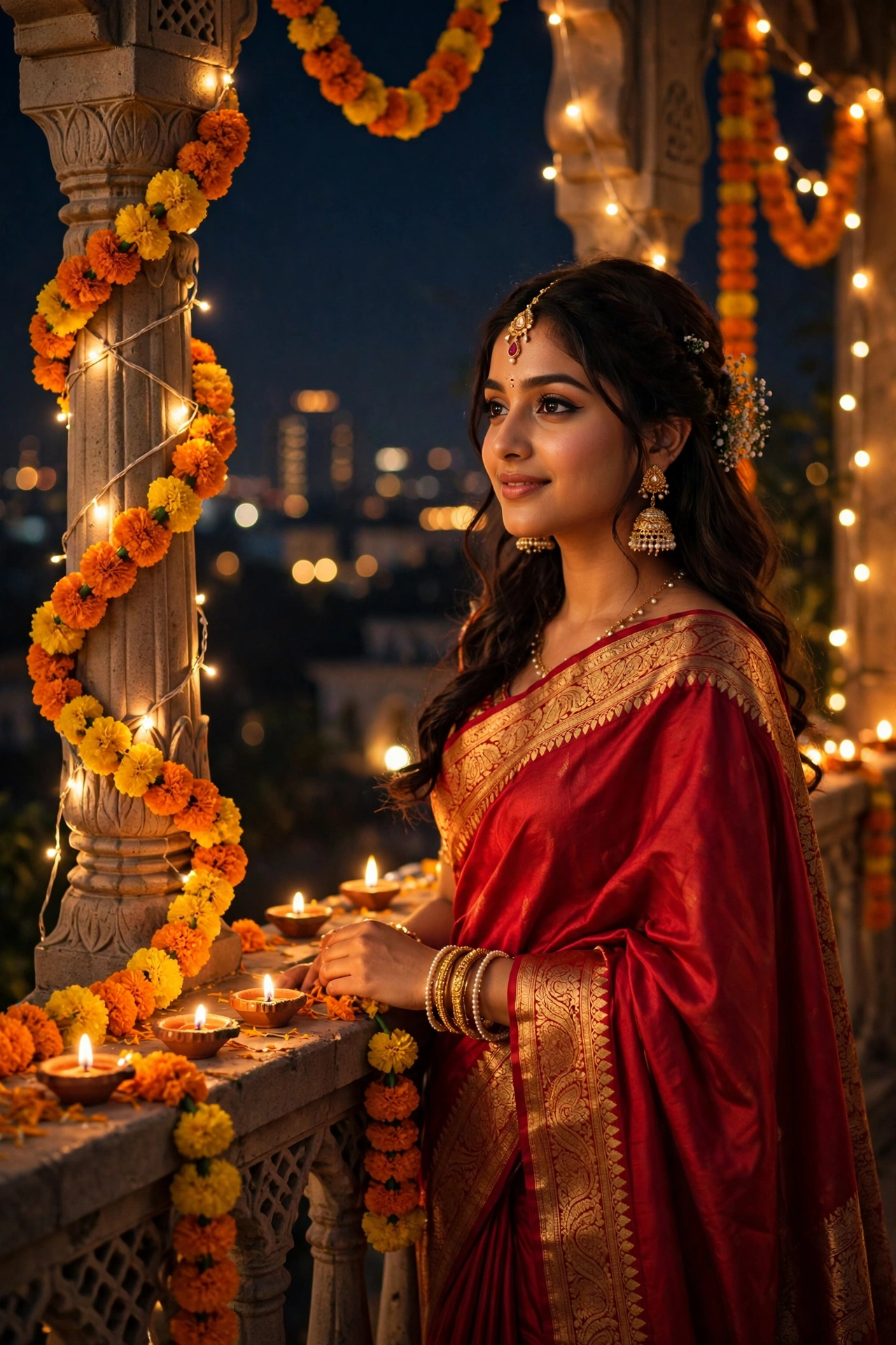 Diwali Red Silk Saree Girl Portrait