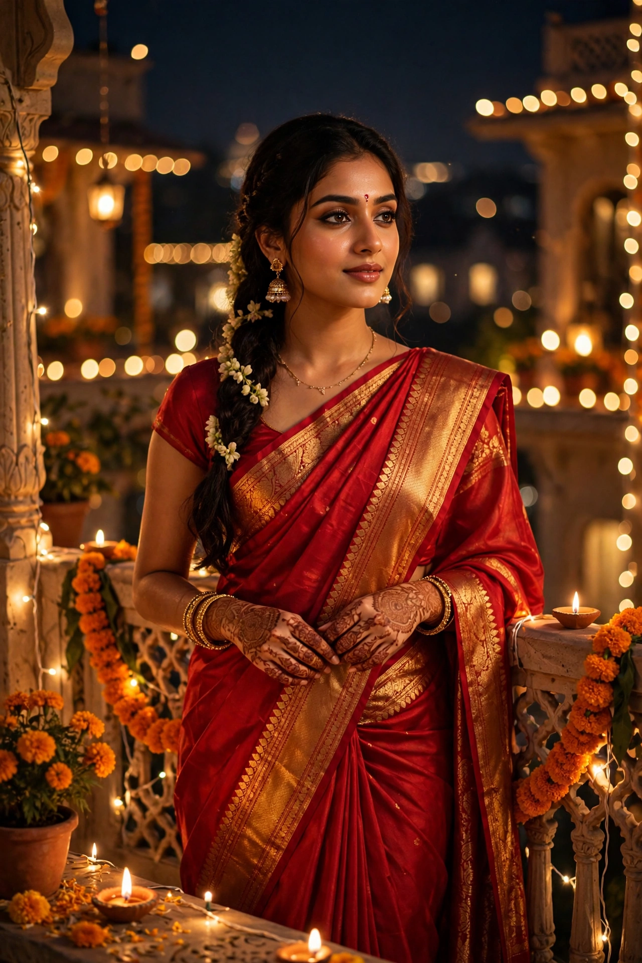 Diwali Red Silk Saree Girl Portrait