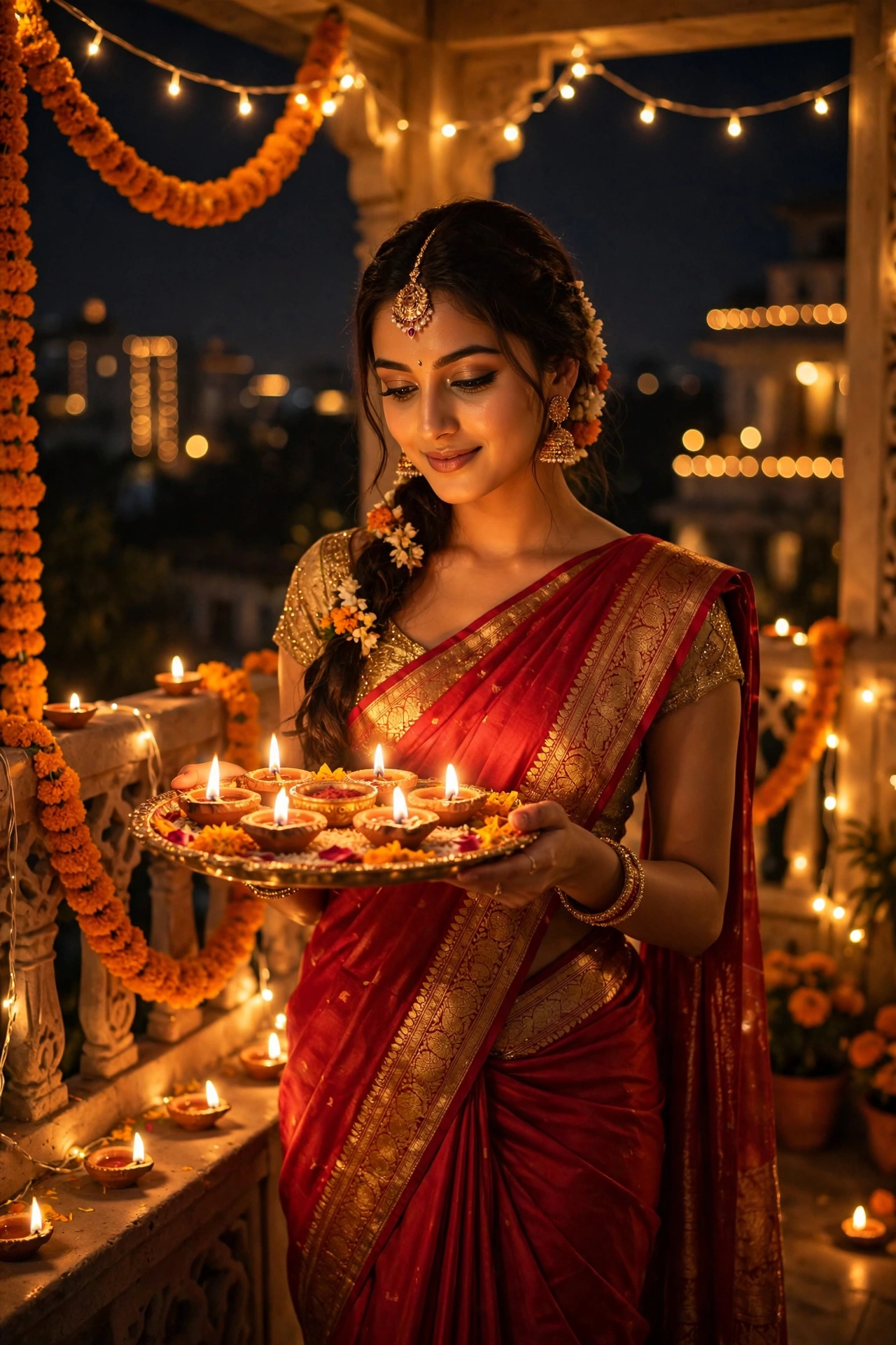 Diwali Red Silk Saree Girl Portrait