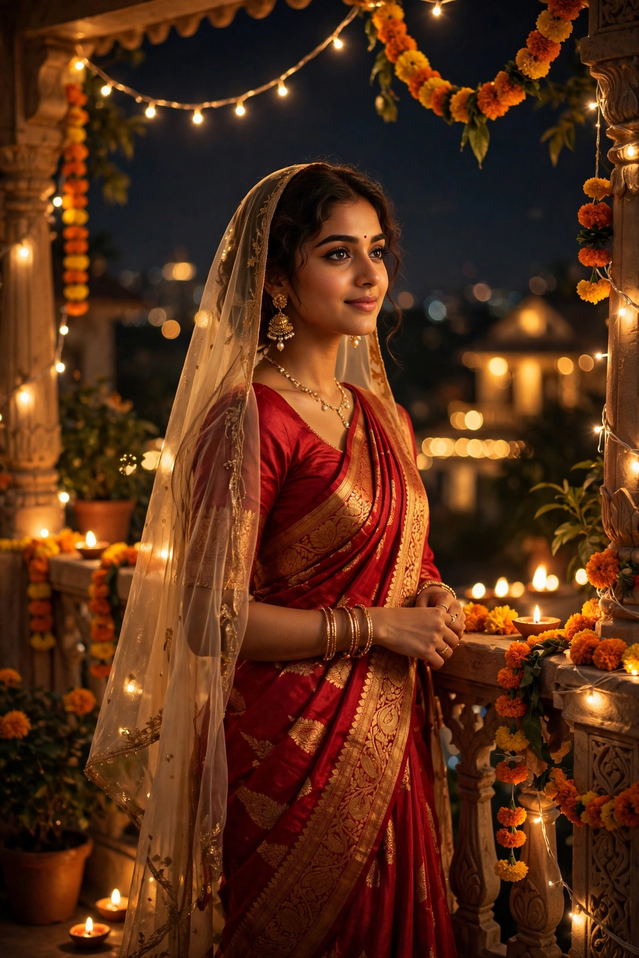 Diwali Red Silk Saree Girl Portrait