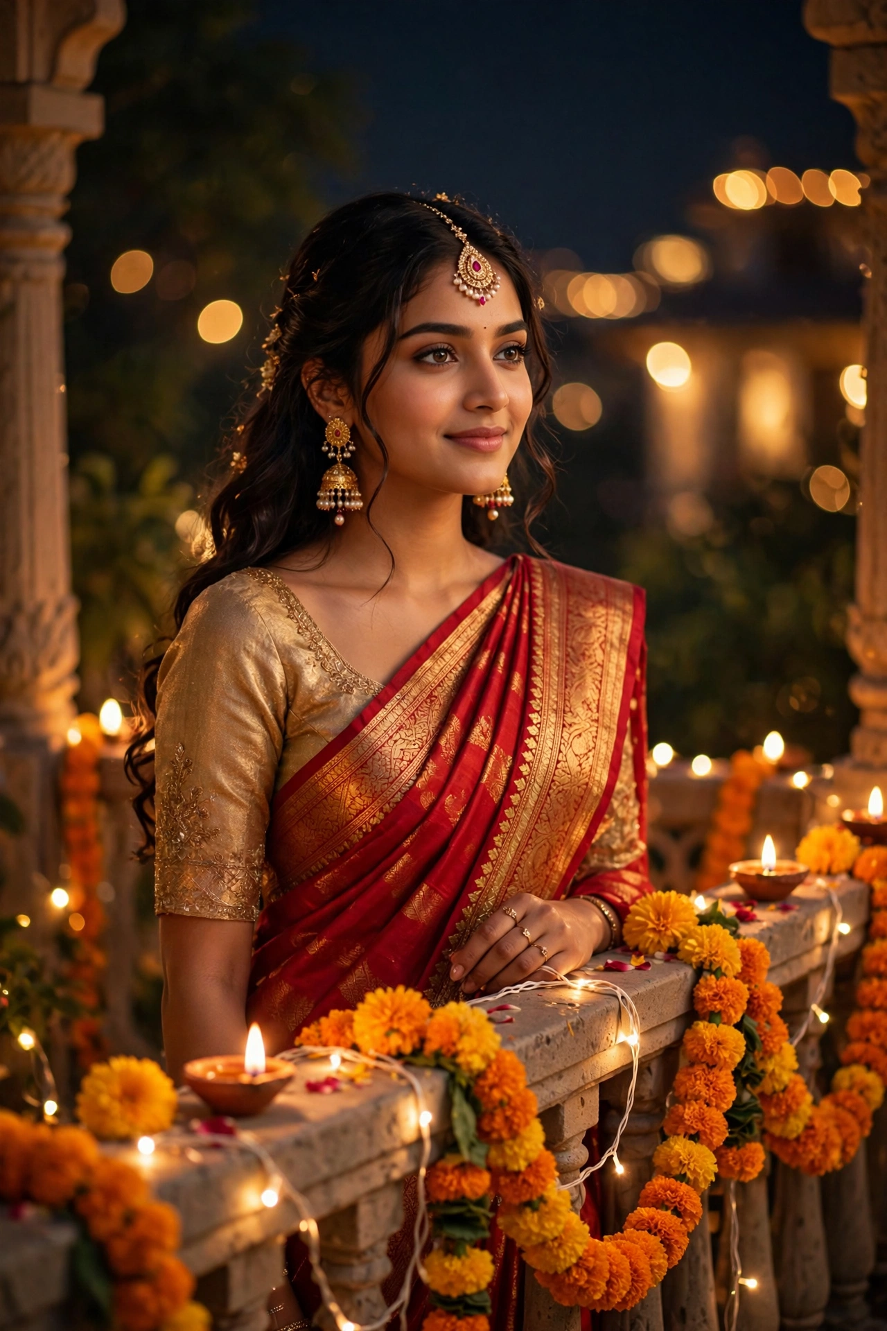 Diwali Red Silk Saree Girl Portrait