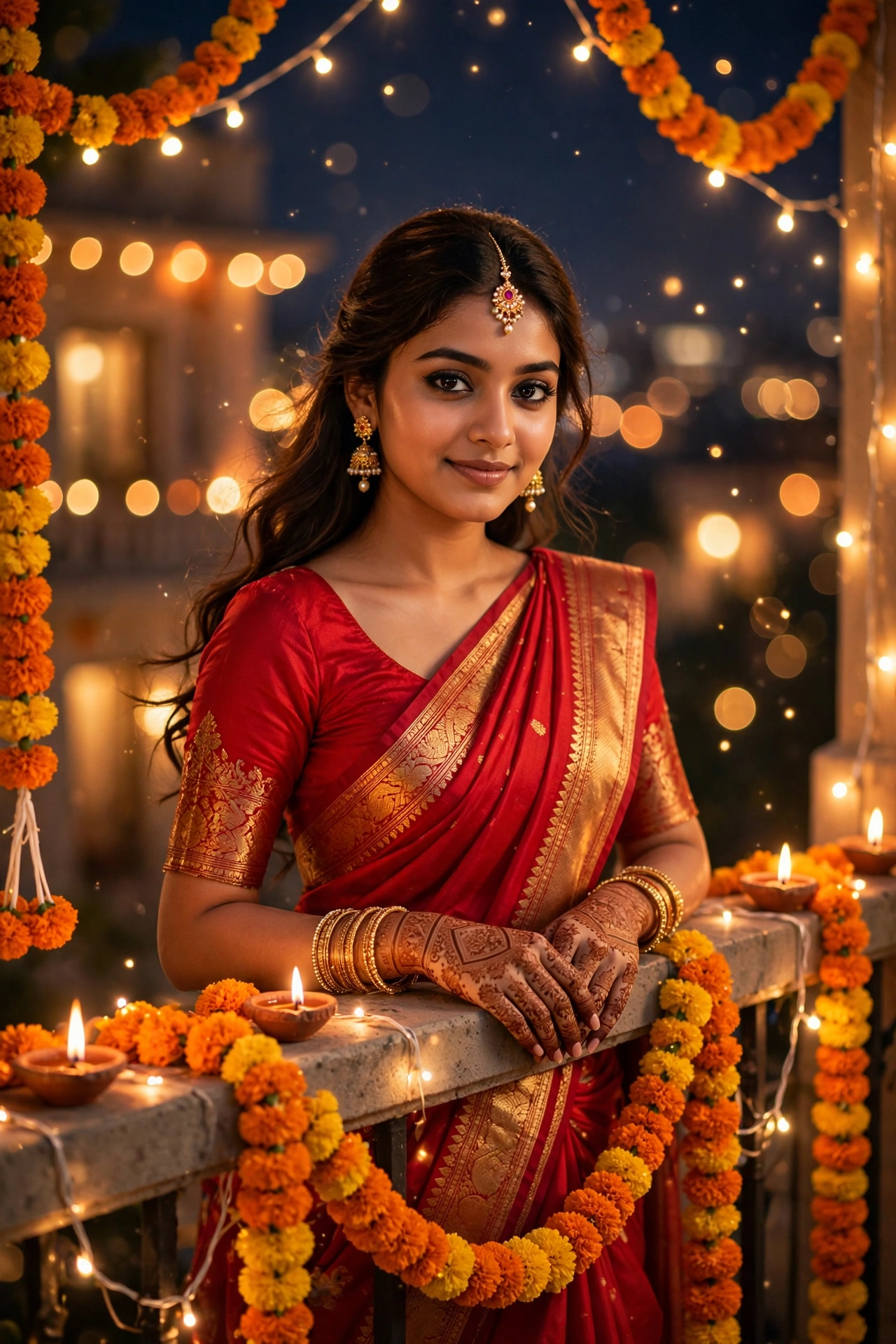 Diwali Red Silk Saree Girl Portrait