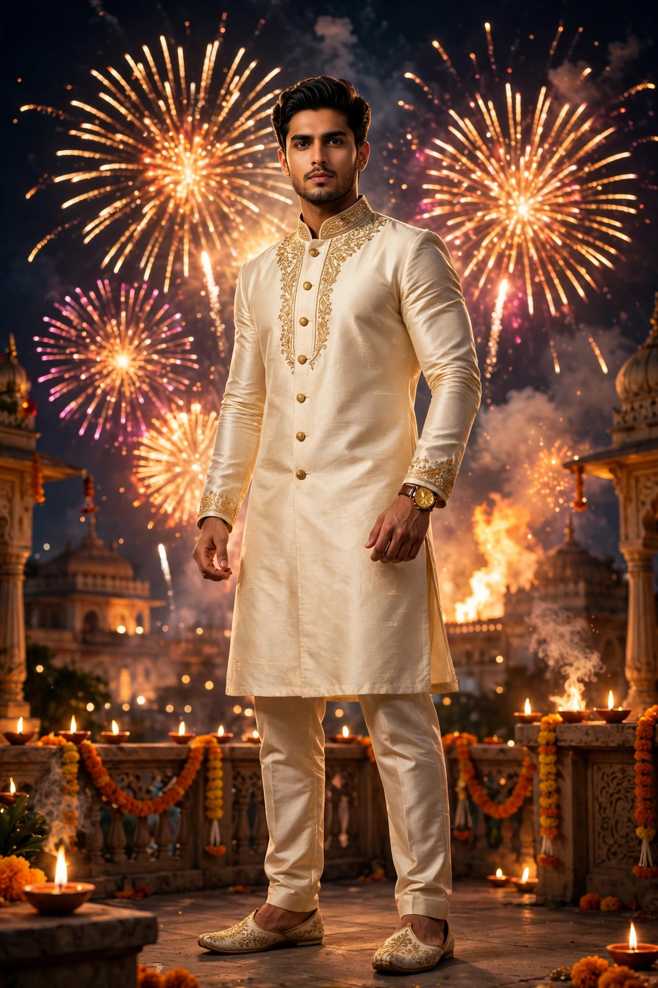 Diwali Cream Silk Kurta Boy Portrait
