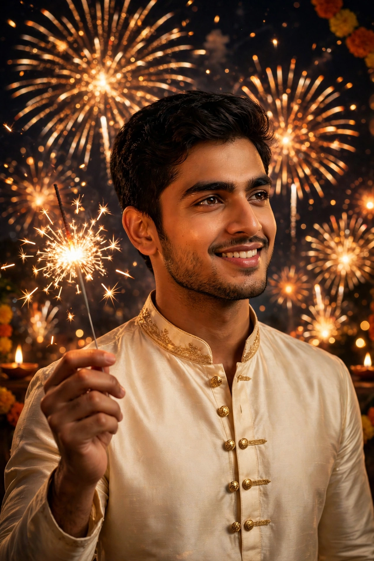 Diwali Cream Silk Kurta Boy Portrait