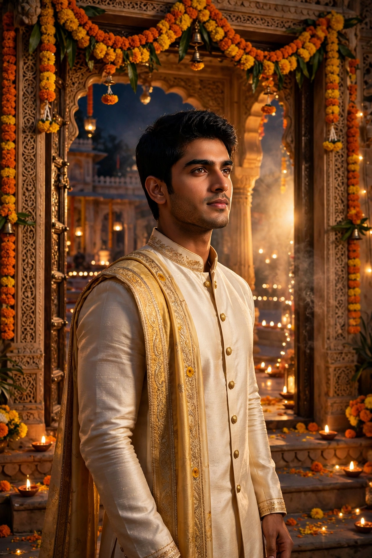 Diwali Cream Silk Kurta Boy Portrait