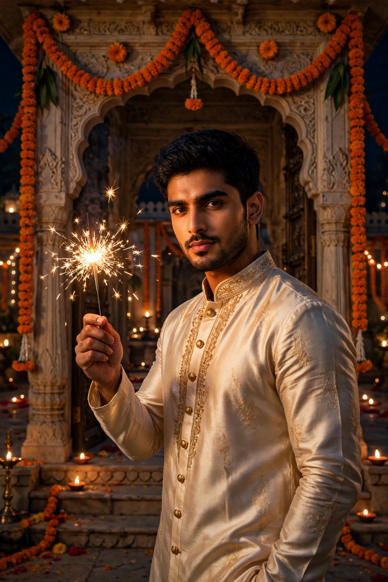 Diwali Cream Silk Kurta Boy Portrait