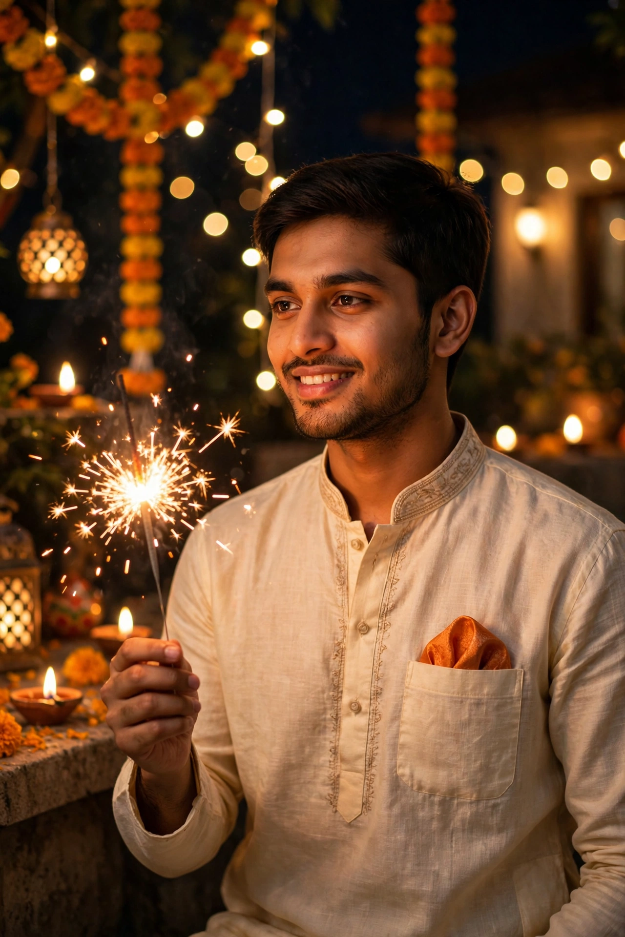 Diwali Cream Silk Kurta Boy Portrait