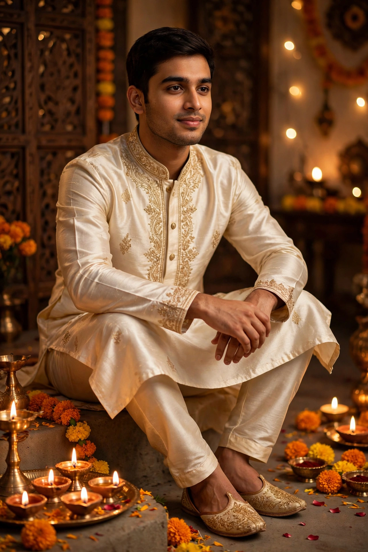 Diwali Cream Silk Kurta Boy Portrait