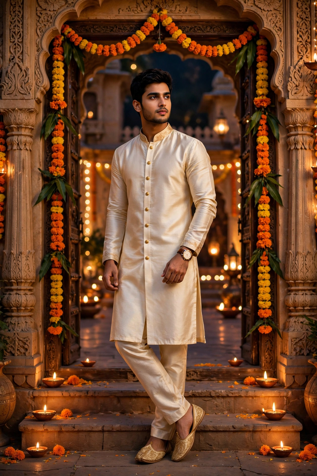 Diwali Cream Silk Kurta Boy Portrait
