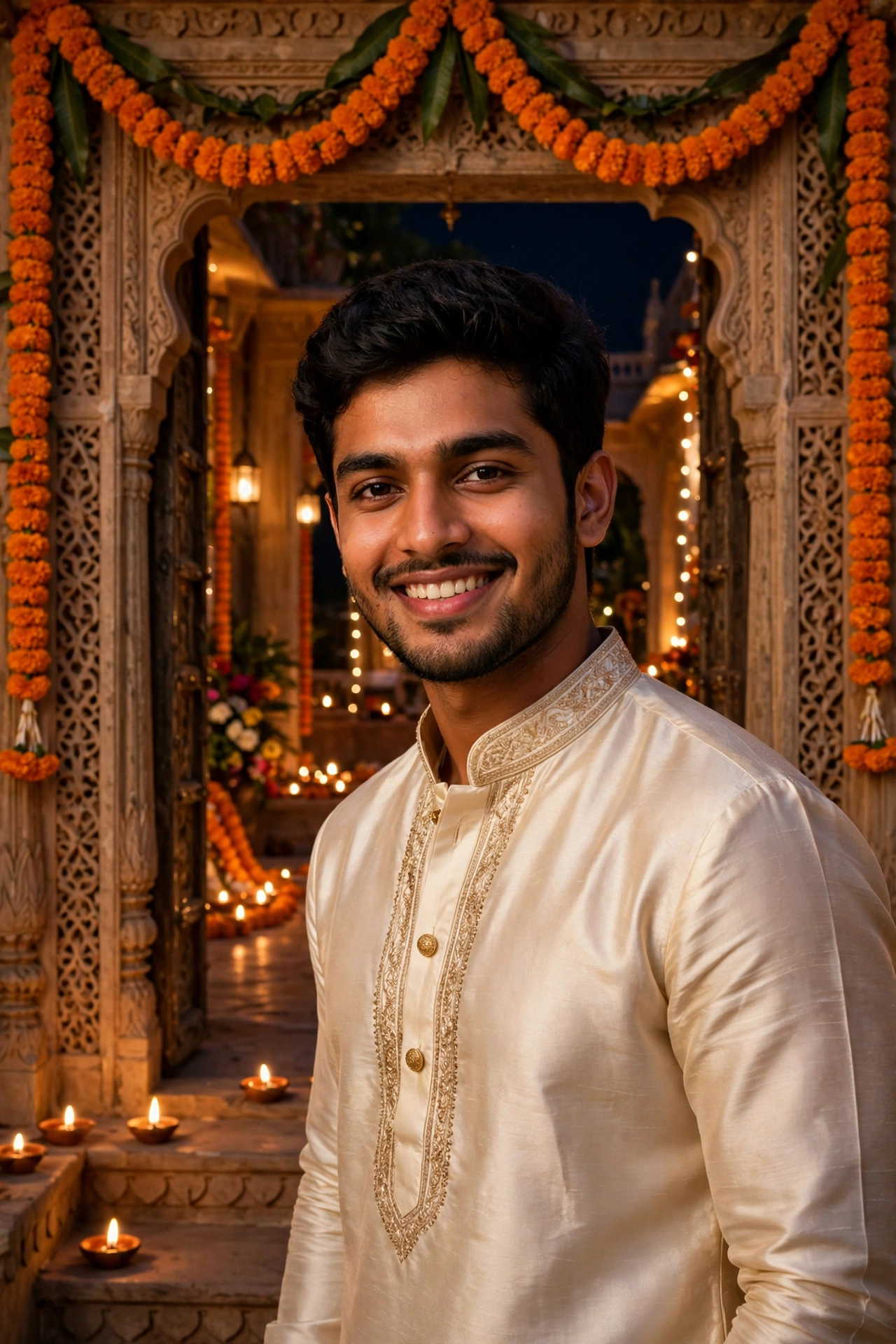 Diwali Cream Silk Kurta Boy Portrait