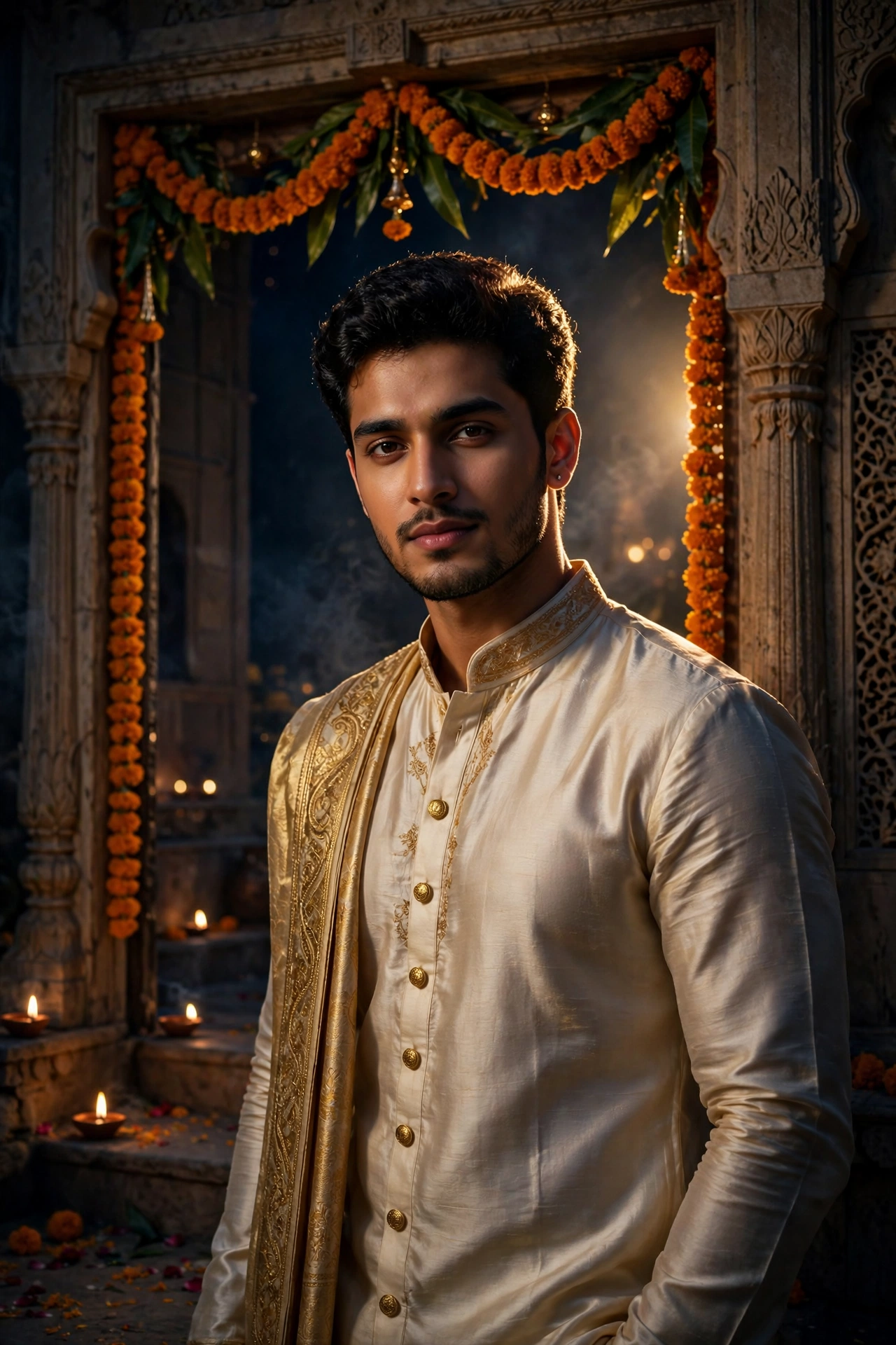 Diwali Cream Silk Kurta Boy Portrait