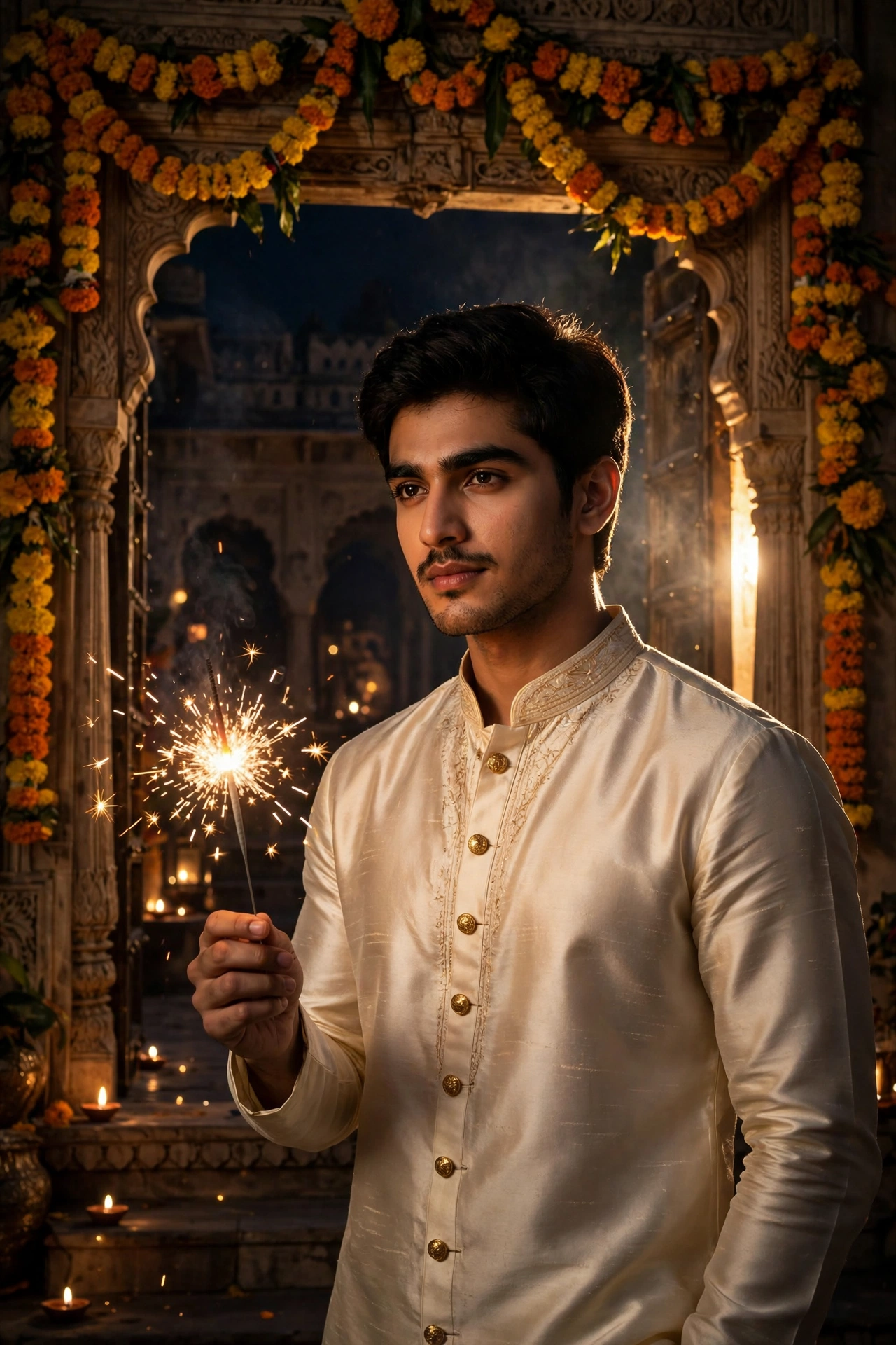 Diwali Cream Silk Kurta Boy Portrait
