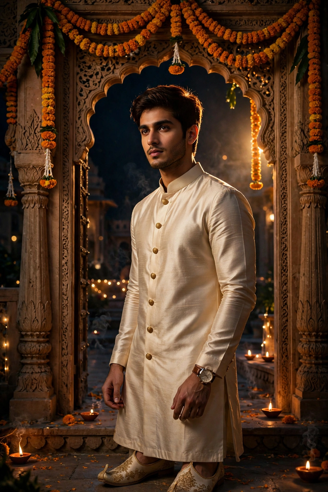 Diwali Cream Silk Kurta Boy Portrait