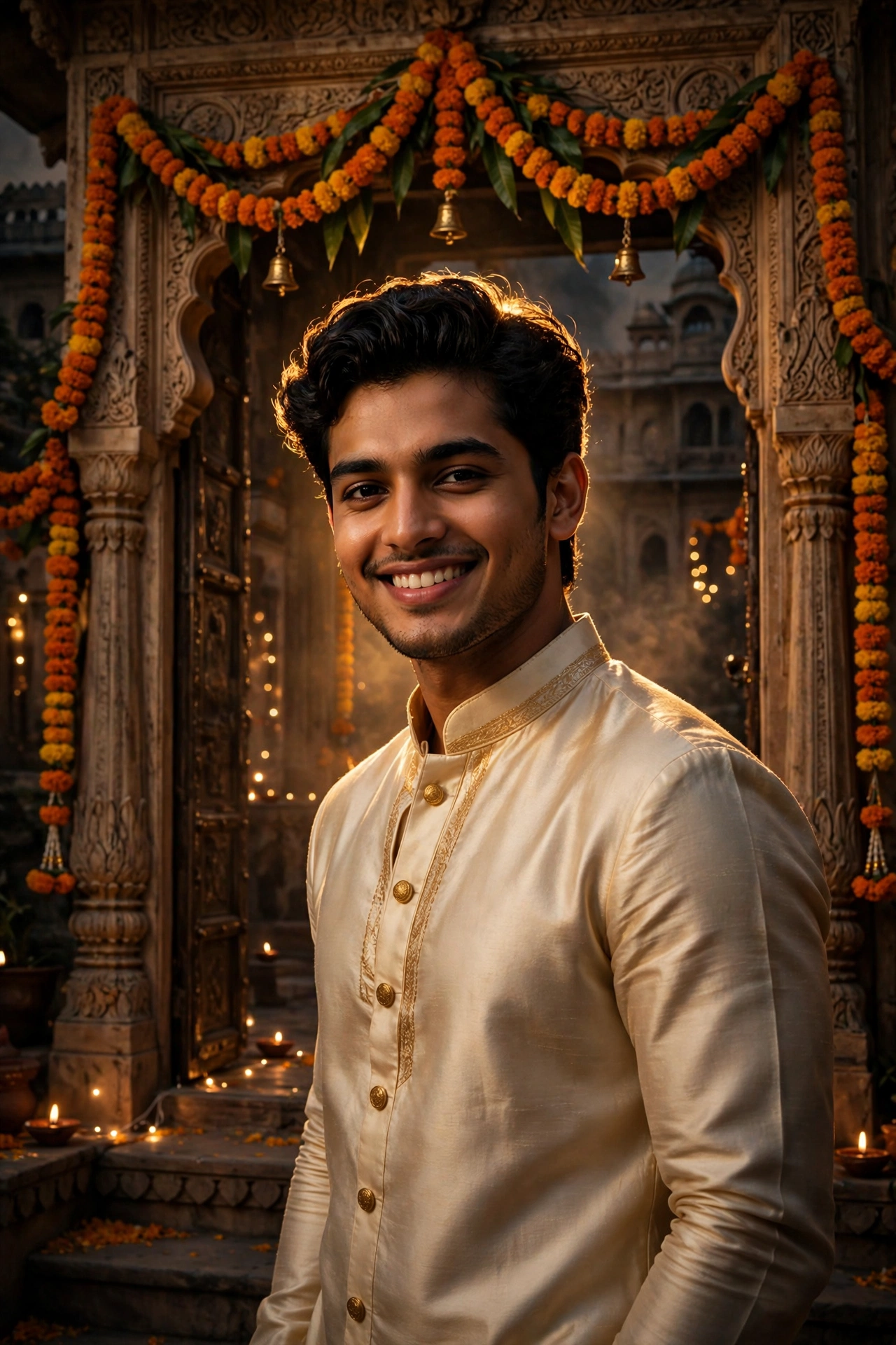 Diwali Cream Silk Kurta Boy Portrait