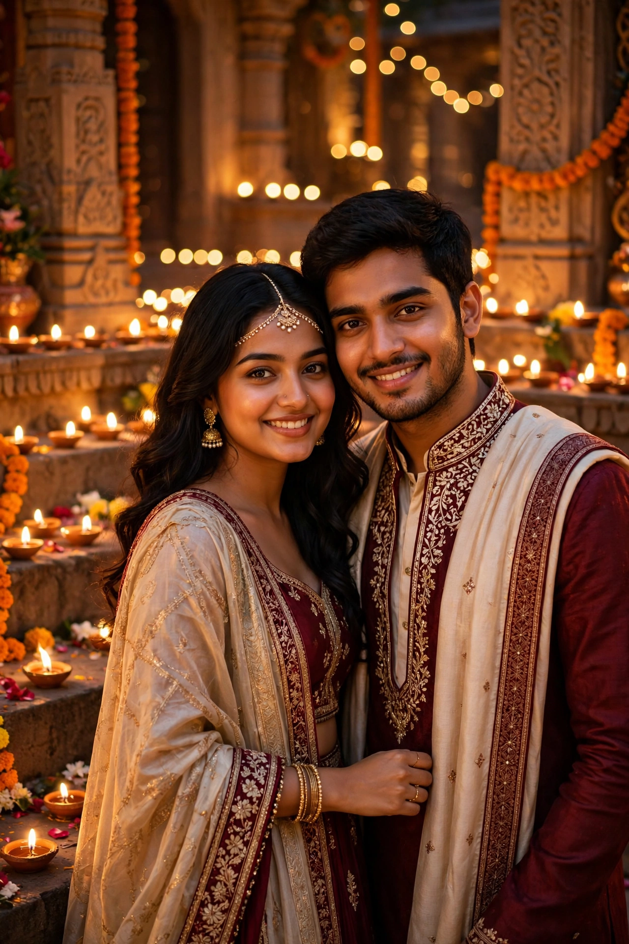 Diwali Couple Portrait Maroon Cream Pair