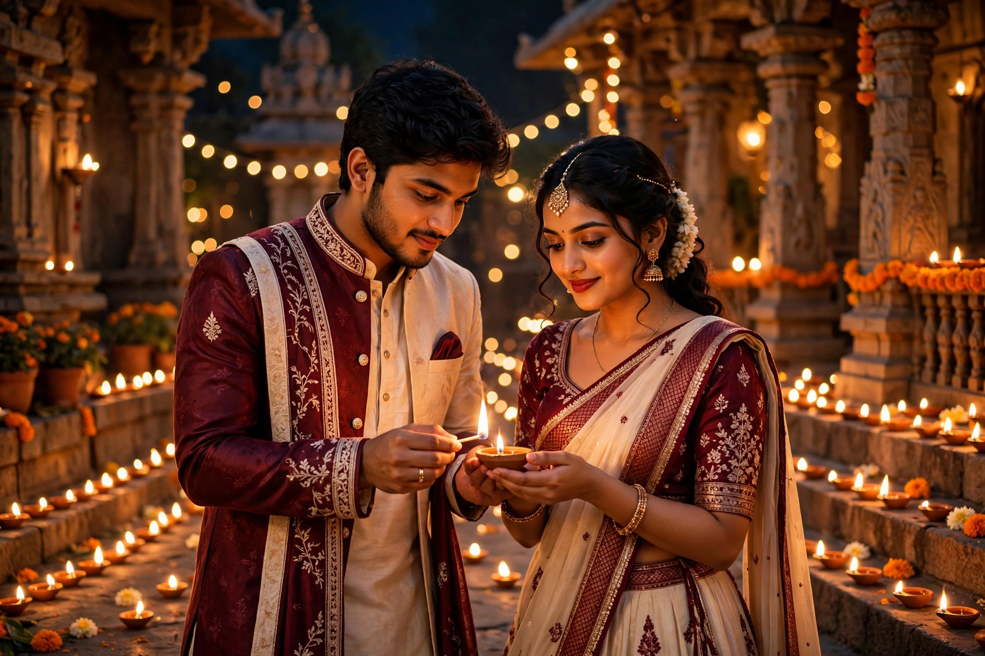 Diwali Couple Portrait Maroon Cream Pair