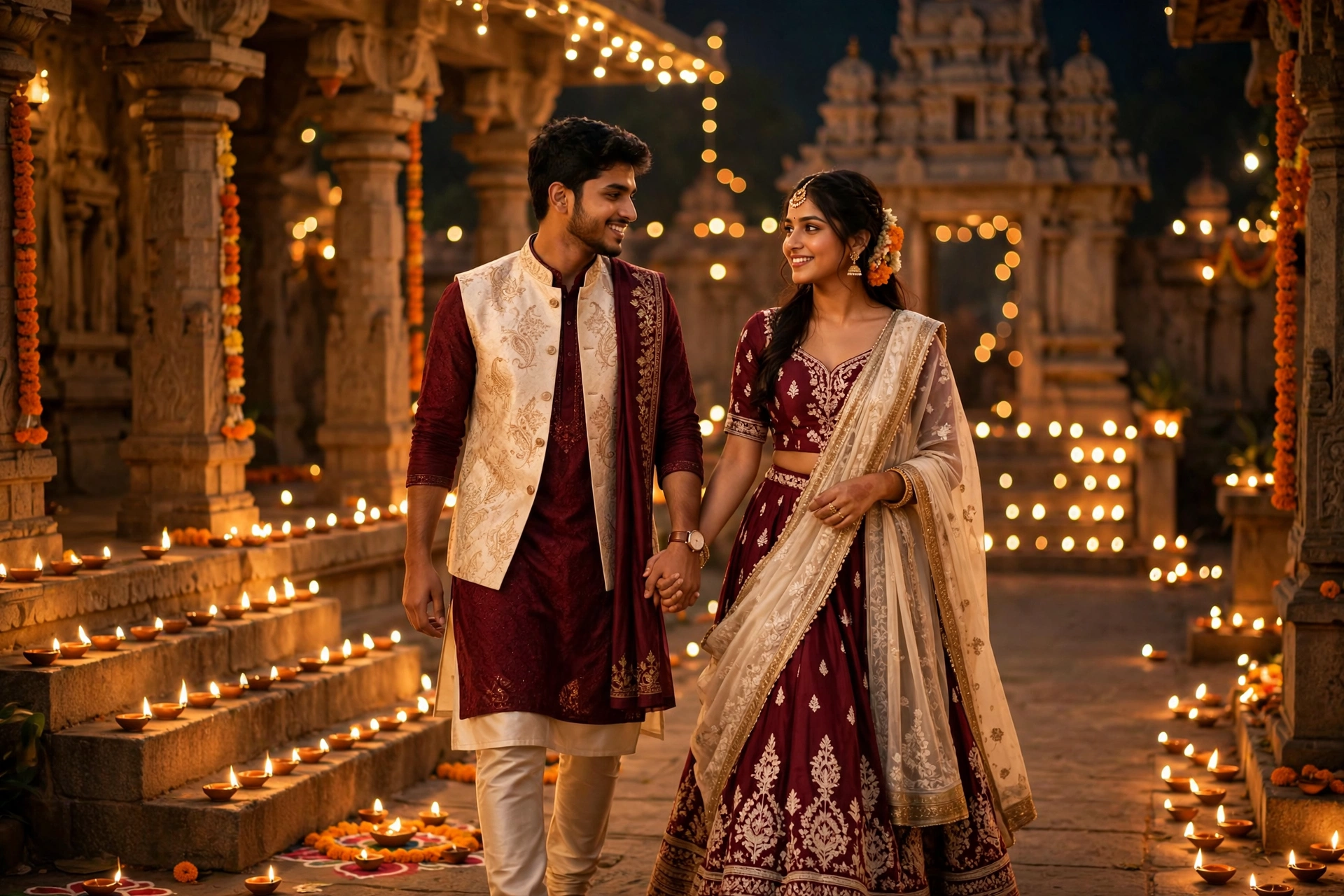 Diwali Couple Portrait Maroon Cream Pair