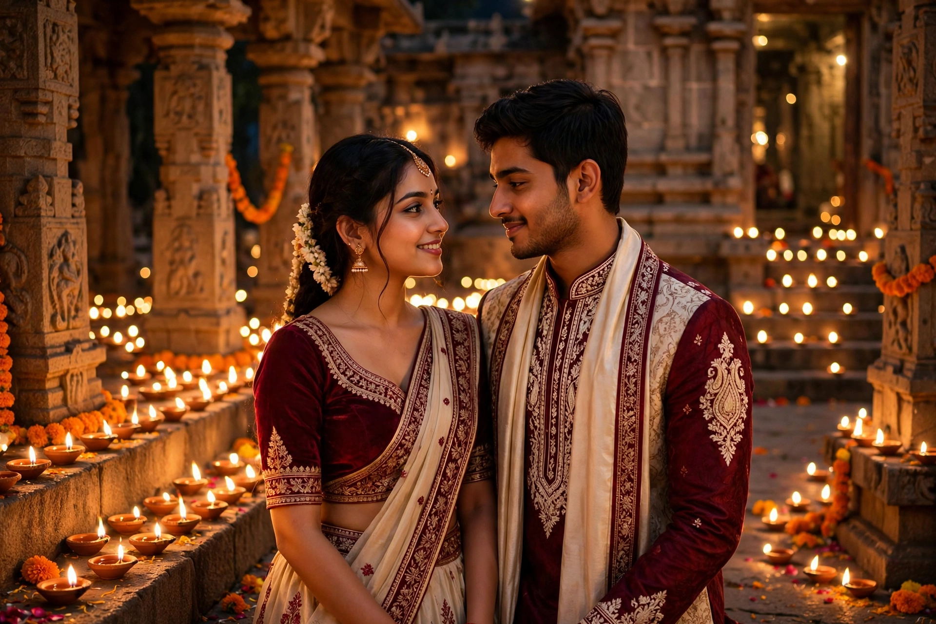 Diwali Couple Portrait Maroon Cream Pair