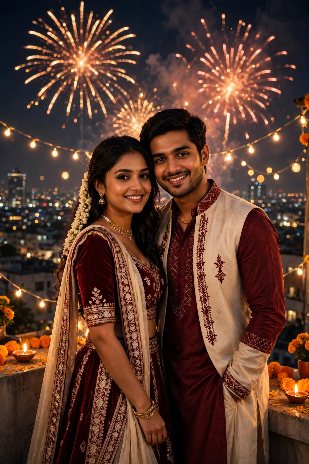 Diwali Couple Portrait Maroon Cream Pair