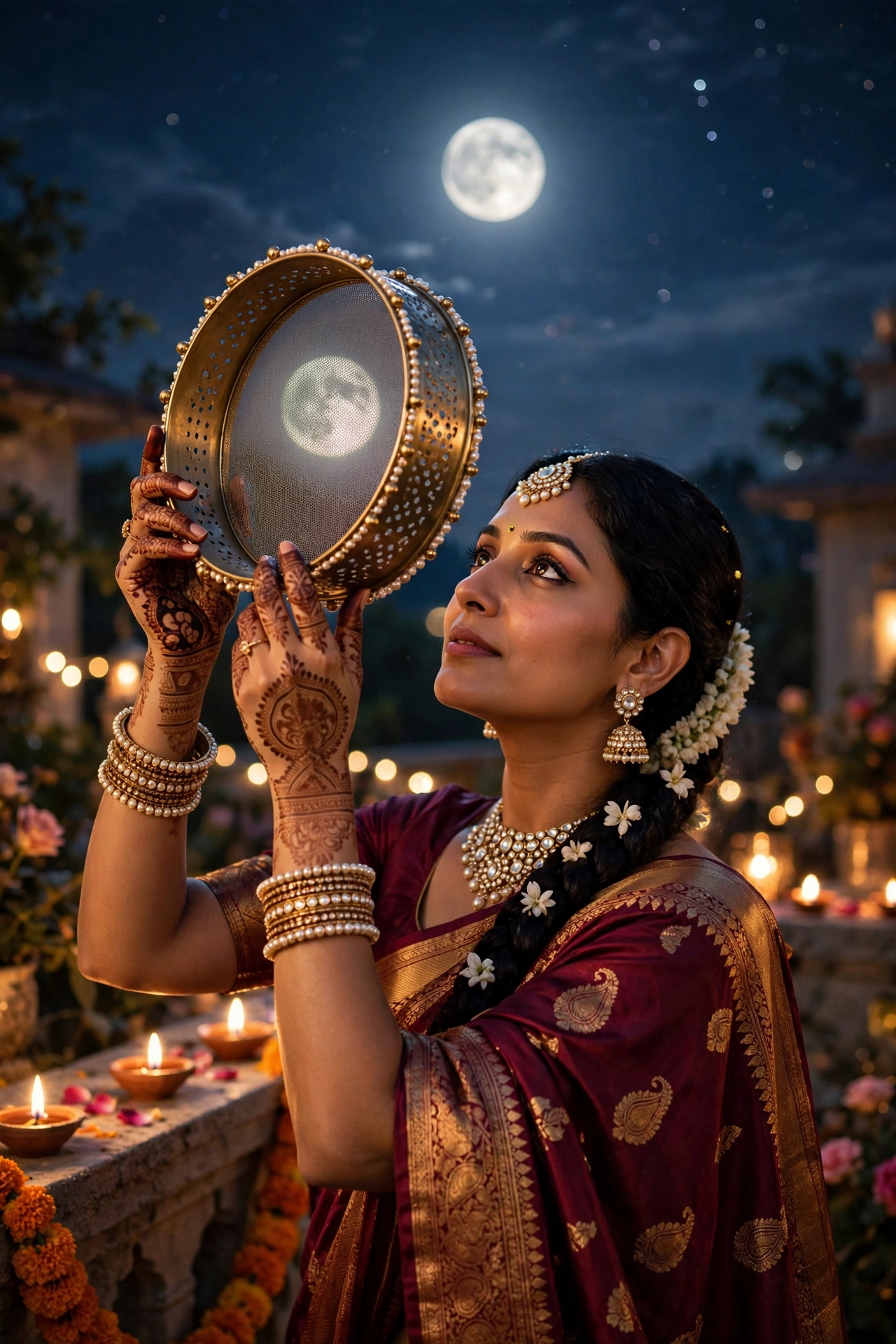 Karva Chauth Wine-Colored Saree Portrait