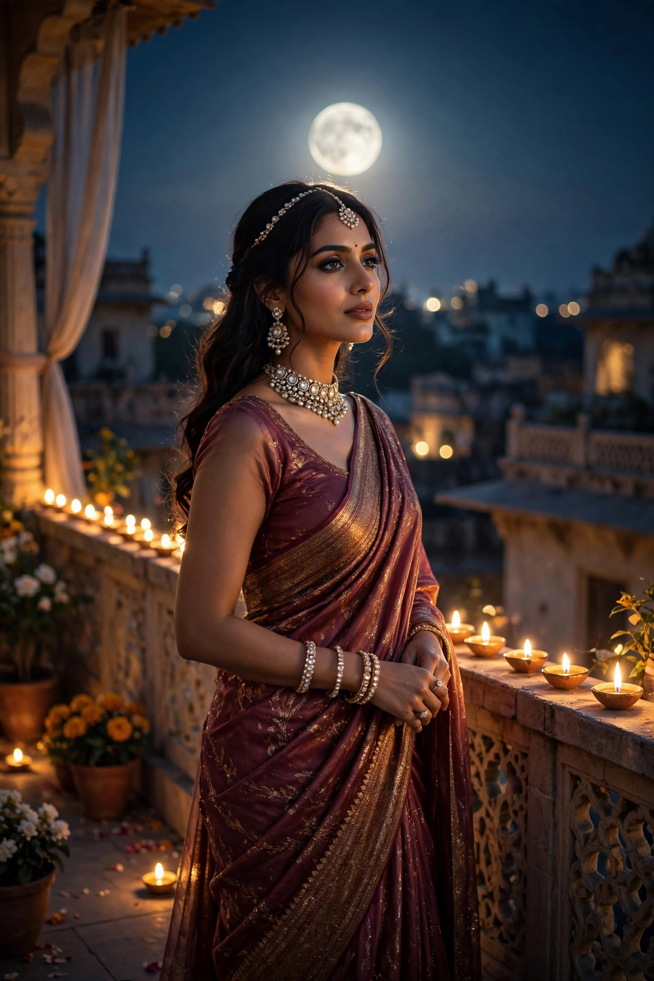 Karva Chauth Wine-Colored Saree Portrait