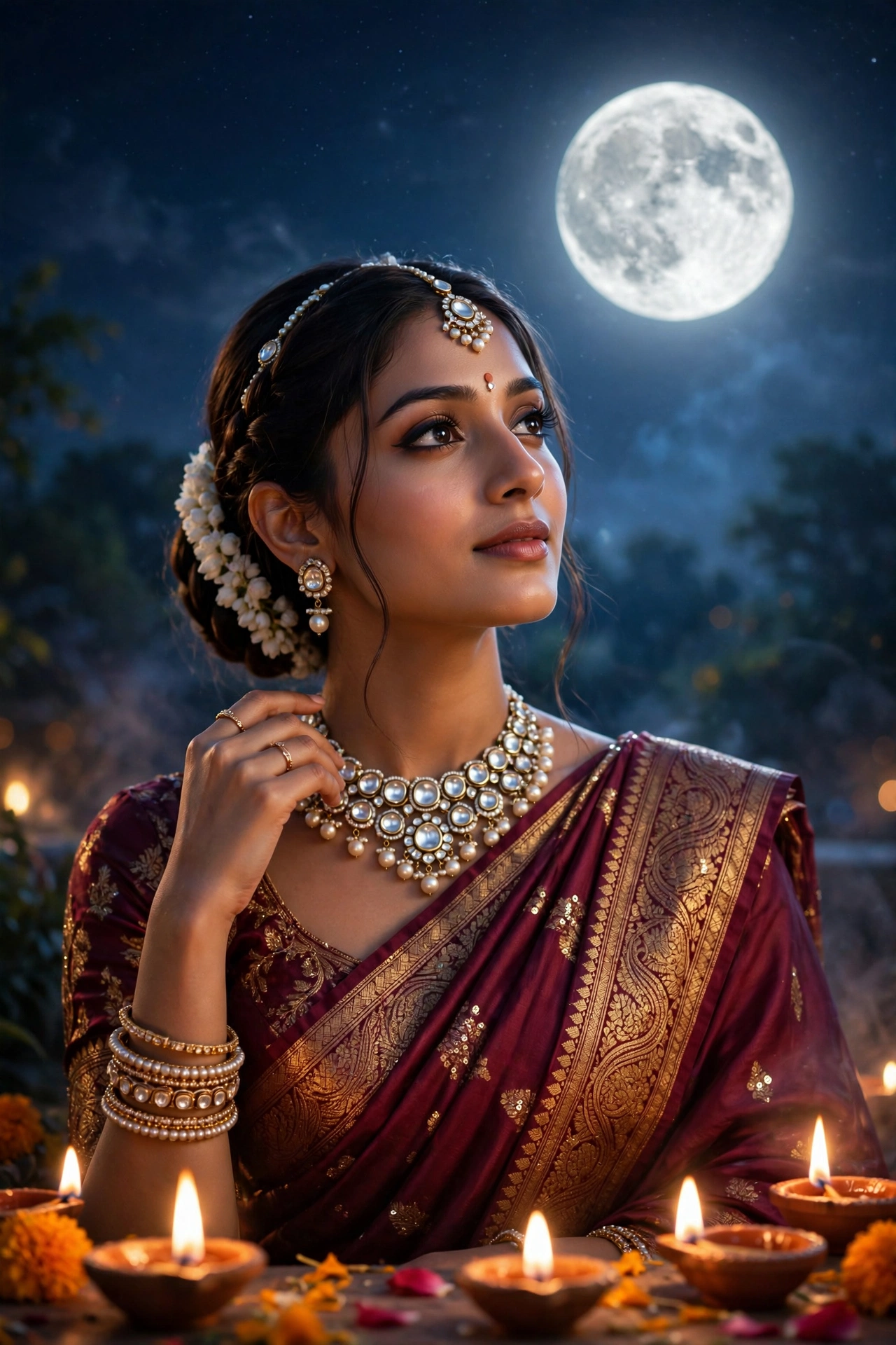 Karva Chauth Wine-Colored Saree Portrait