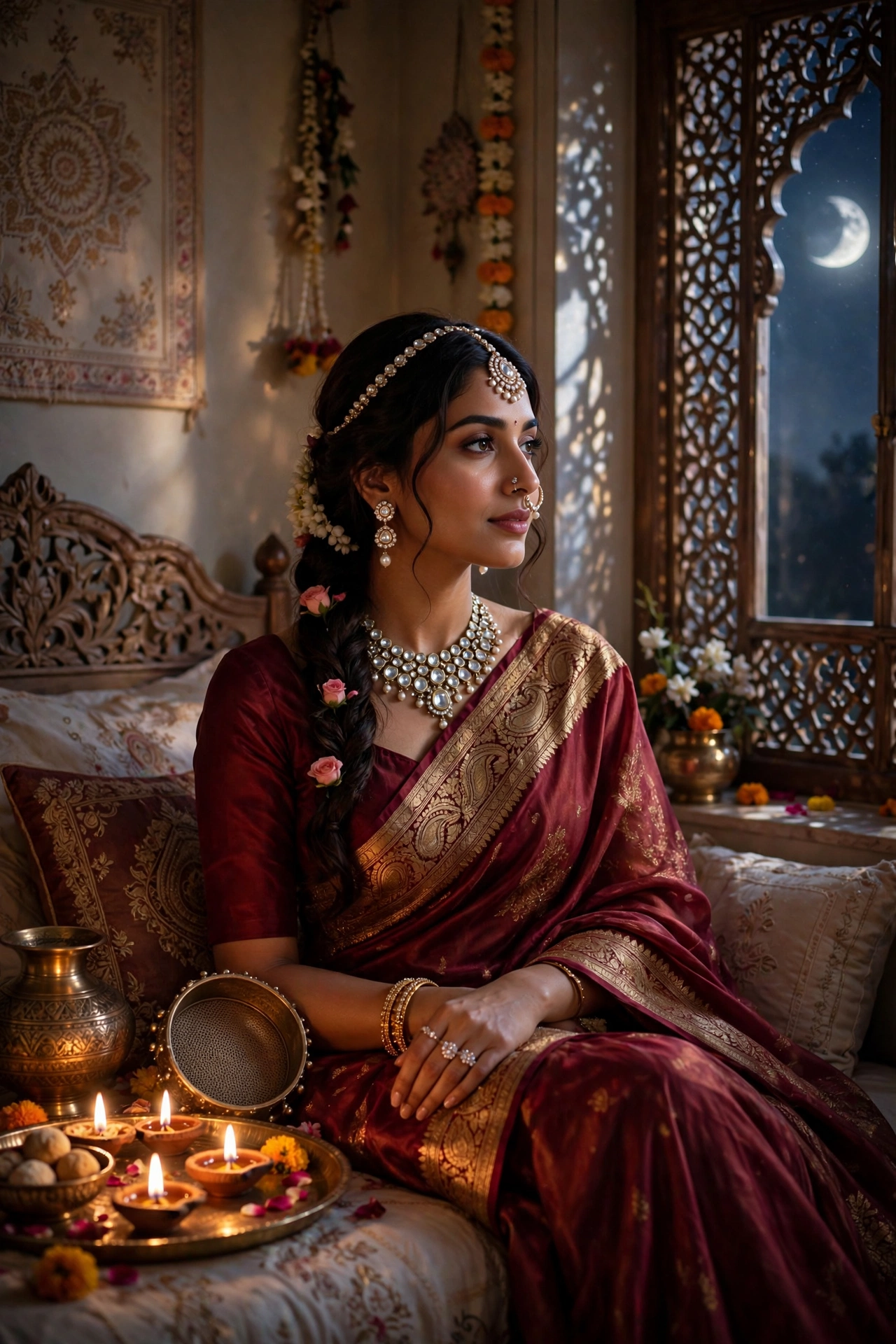 Karva Chauth Wine-Colored Saree Portrait